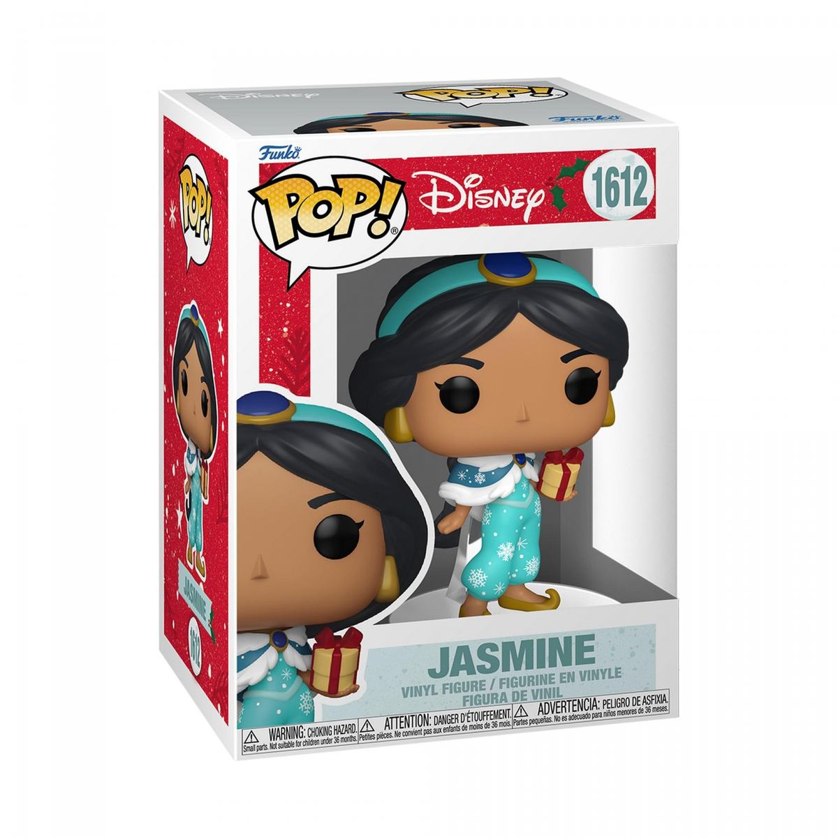 Una figura de Jasmine Funko Pop en una caja. Lleva un atuendo azul y sostiene un regalo. La caja es roja con rayas blancas y el logo de Disney.