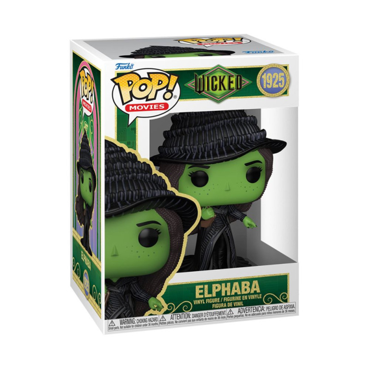 Una caja de Funko Pop con Elphaba de Wicked. La figura es verde con sombrero y vestido negro. La caja es blanca y verde.