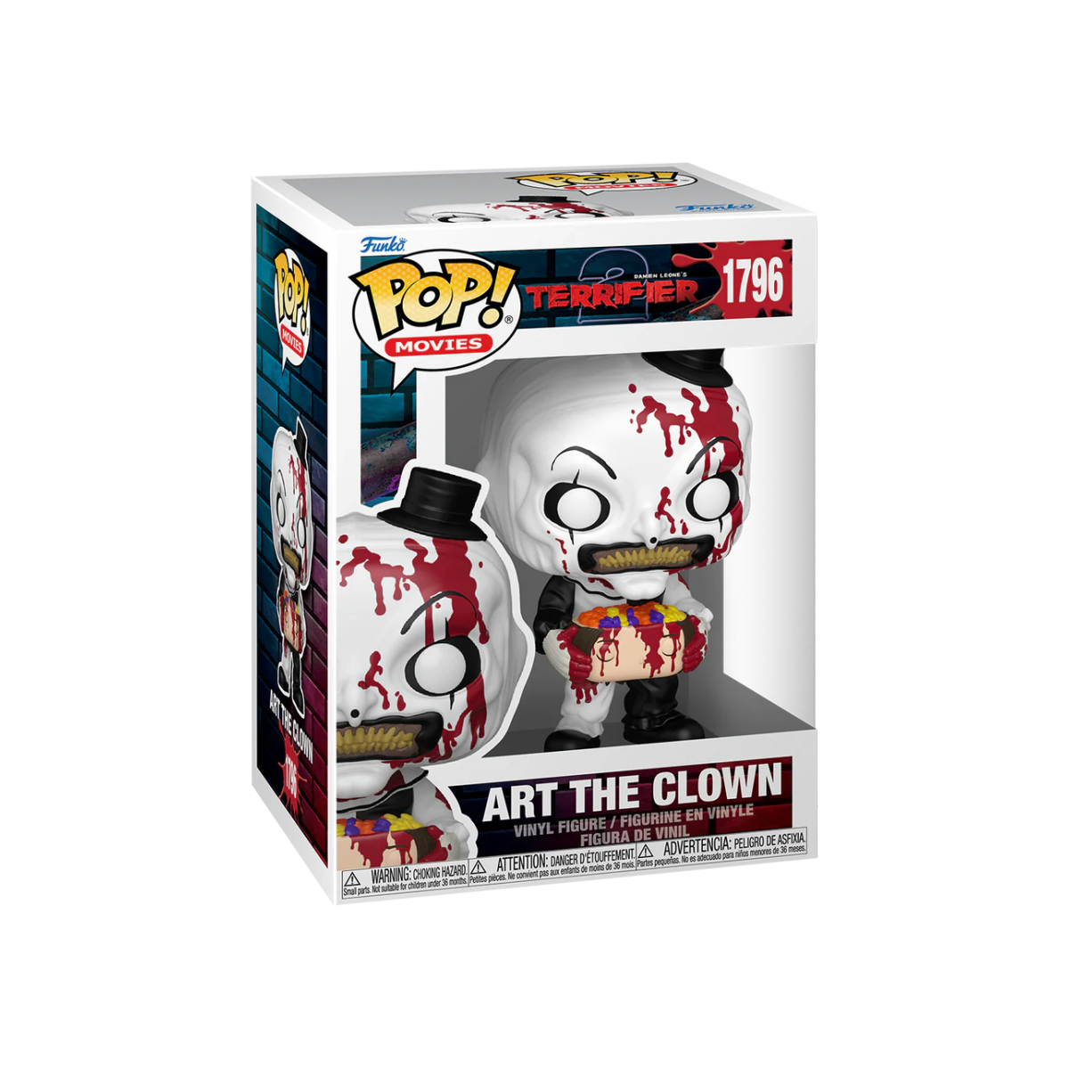 Figura Funko Pop de Art the Clown de Terrifier. La figura es blanca con salpicaduras de sangre roja, un sombrero negro y sostiene una bandeja de dulces.