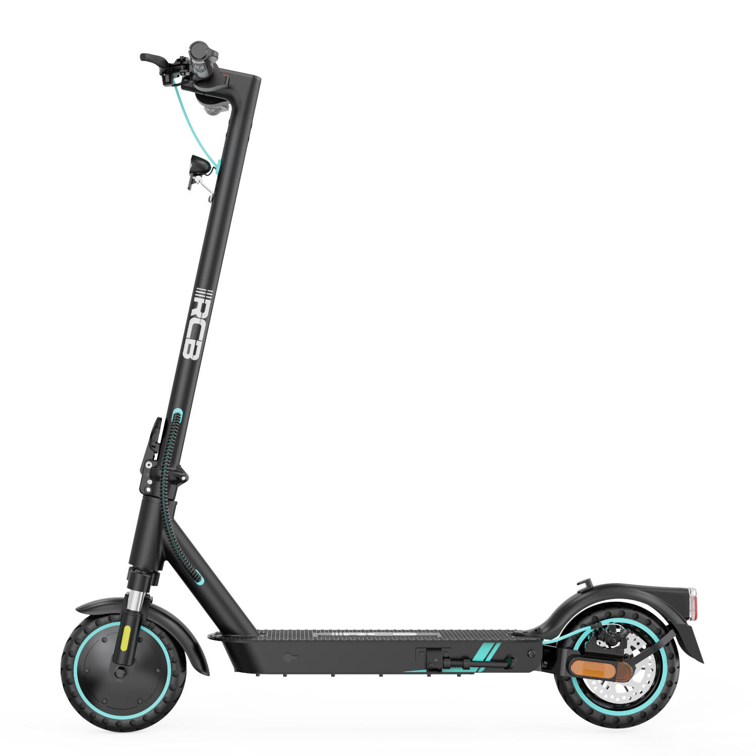 Patinete eléctrico negro con detalles turquesa, ruedas delanteras y traseras y fondo blanco. La marca es RCB.