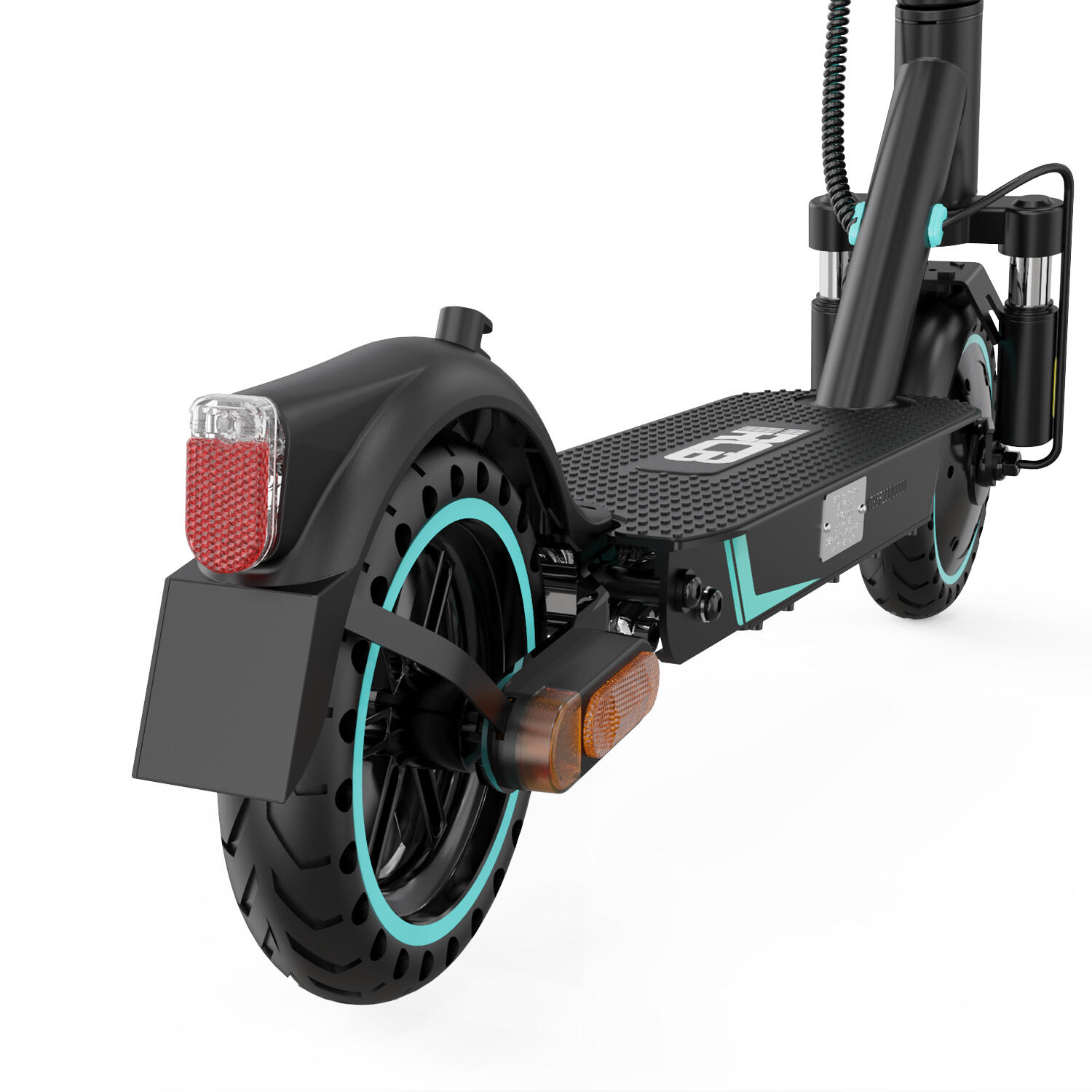 Scooter eléctrico negro, vista trasera, con detalles turquesa en ruedas y marco. Reflector rojo e intermitente naranja visibles.