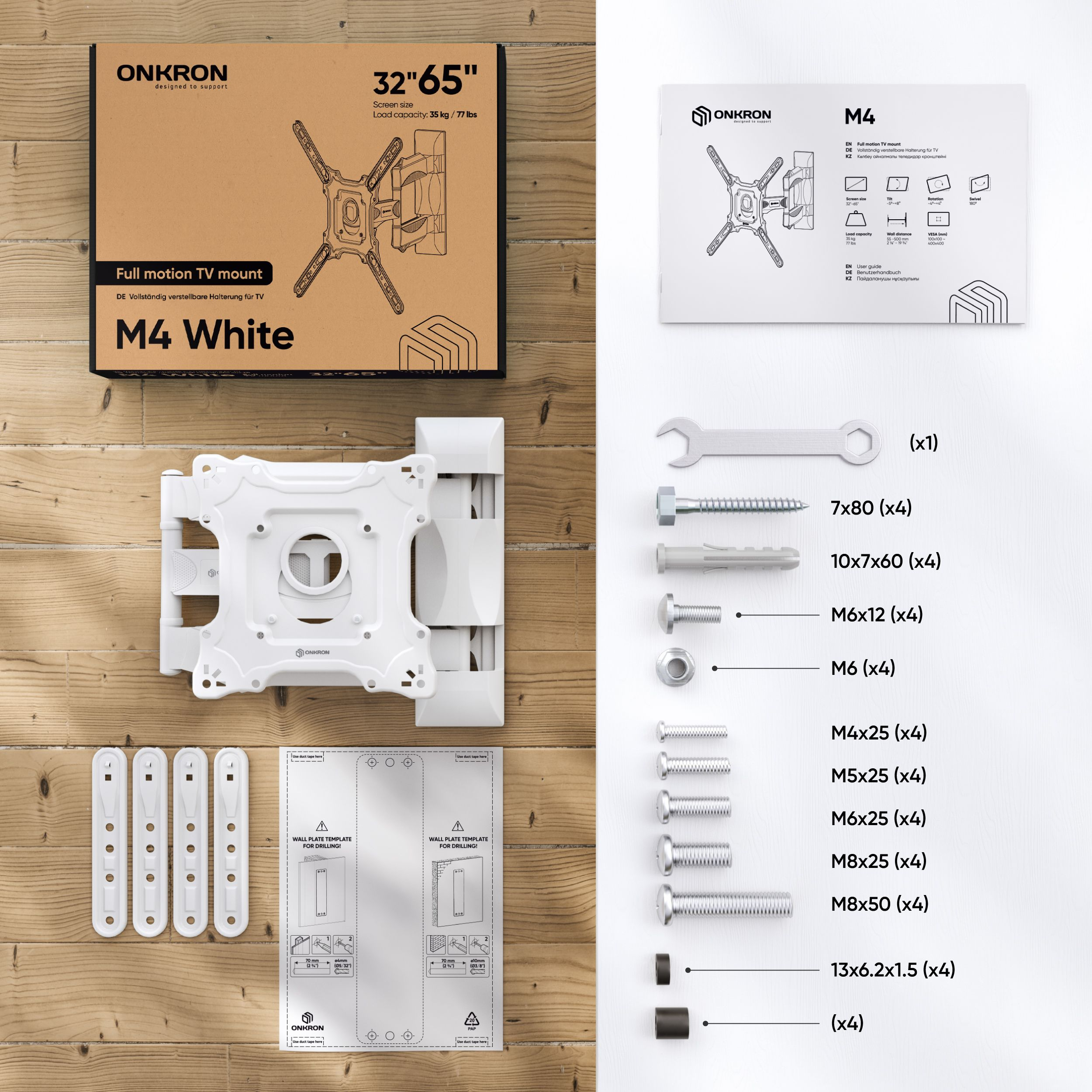 Un kit di montaggio TV bianco con istruzioni e viti varie su una superficie di legno.