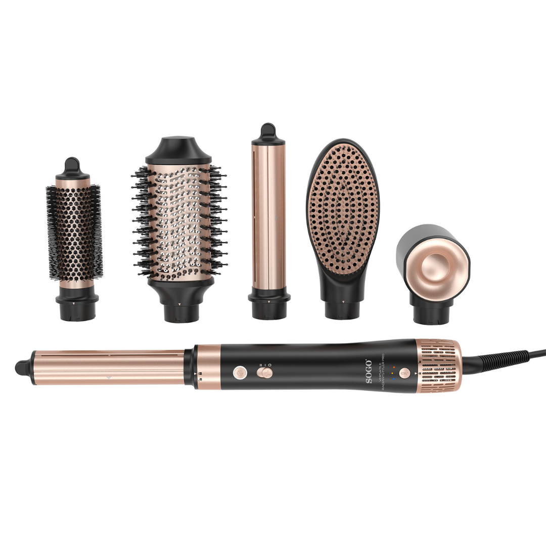 Un set di styler per capelli SOGO, con più accessori, tra cui spazzole e una testina per l'asciugatura. I colori nero e oro rosa dominano.