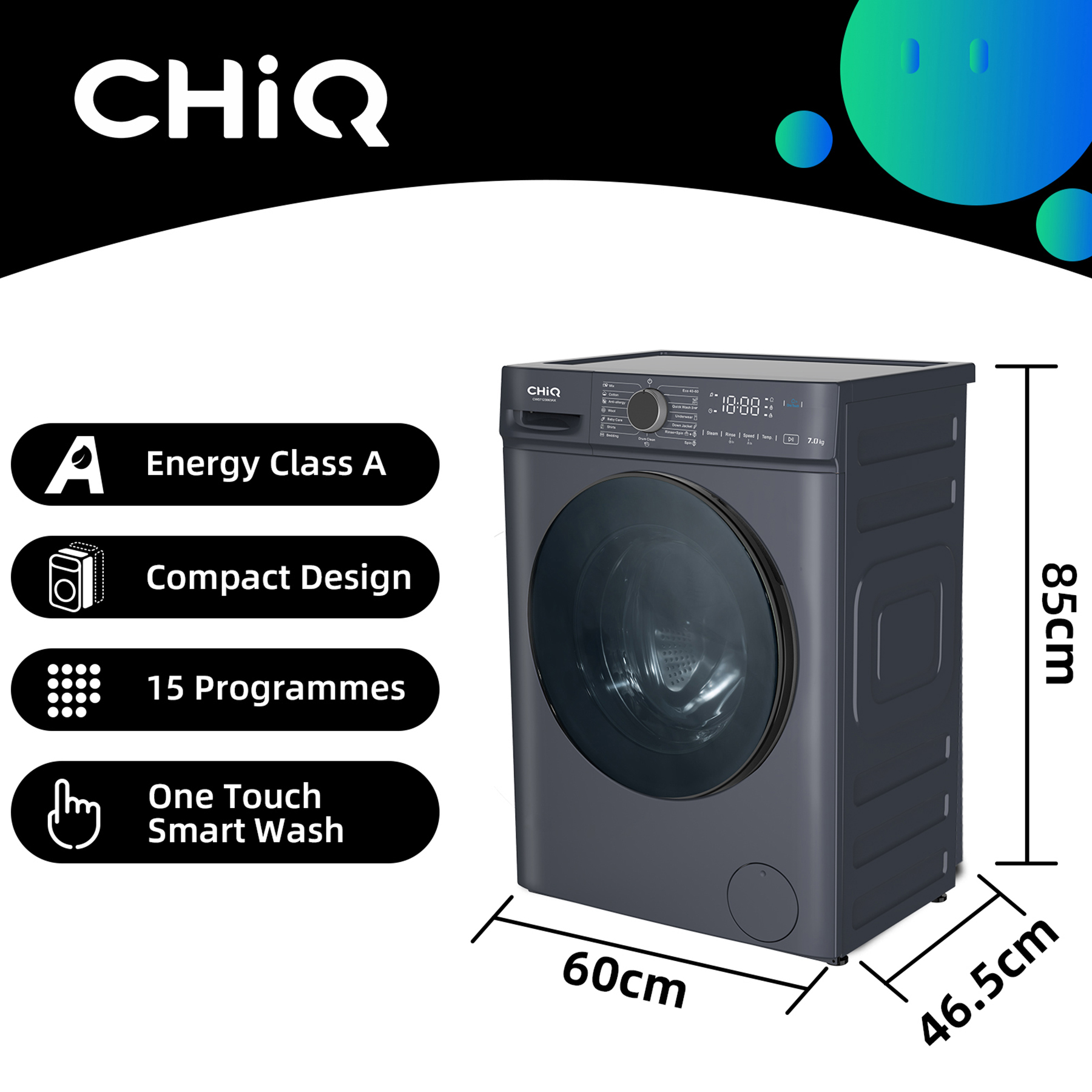 Graue CHiQ-Waschmaschine. Merkmale: Energieklasse A, kompaktes Design, 15 Programme und Smart Wash. Abmessungen sind angegeben.