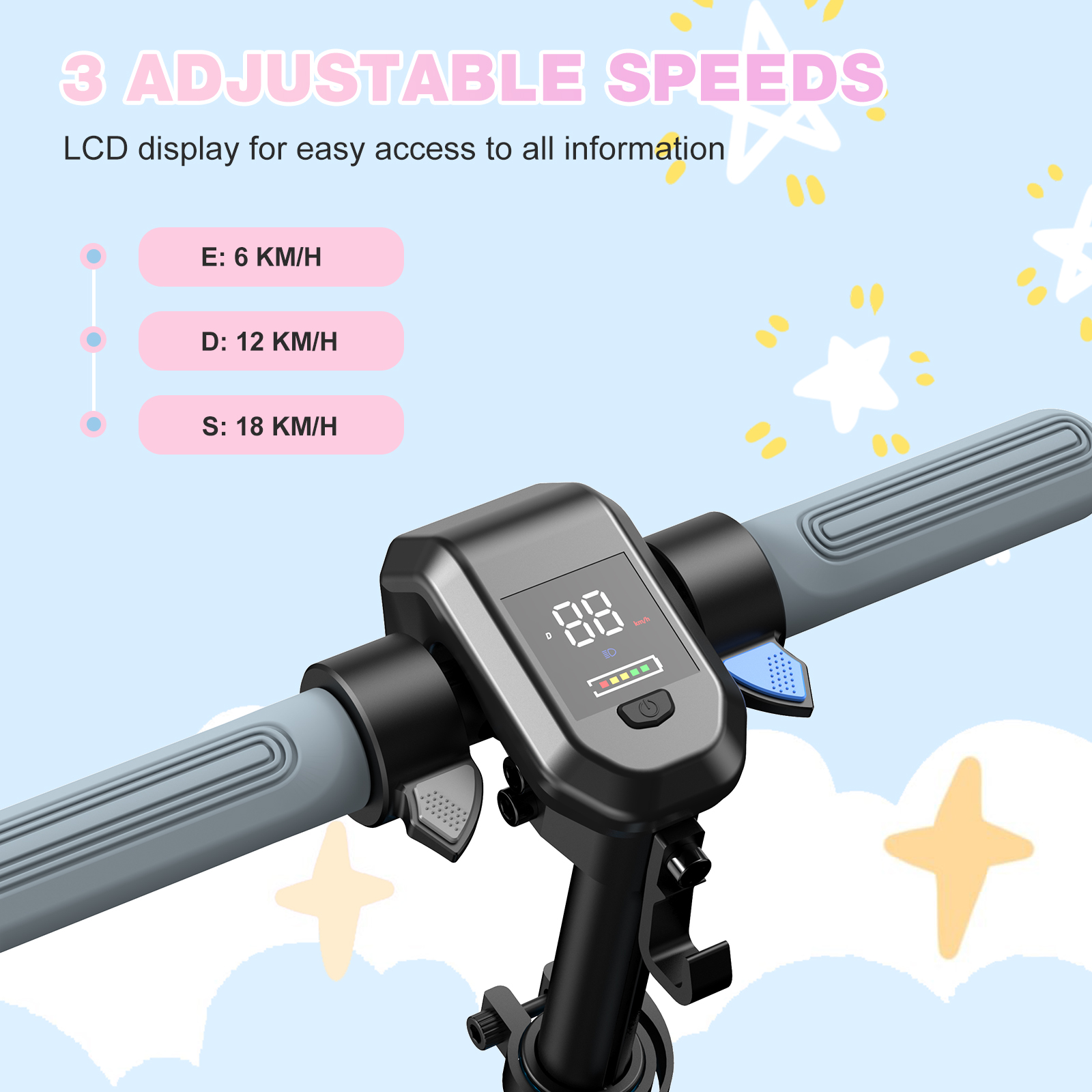 Rollerlenker mit LCD, das die Geschwindigkeit anzeigt. Text zeigt 3 Geschwindigkeiten: 6, 12 und 18 km/h. Rosa und blauer Hintergrund.