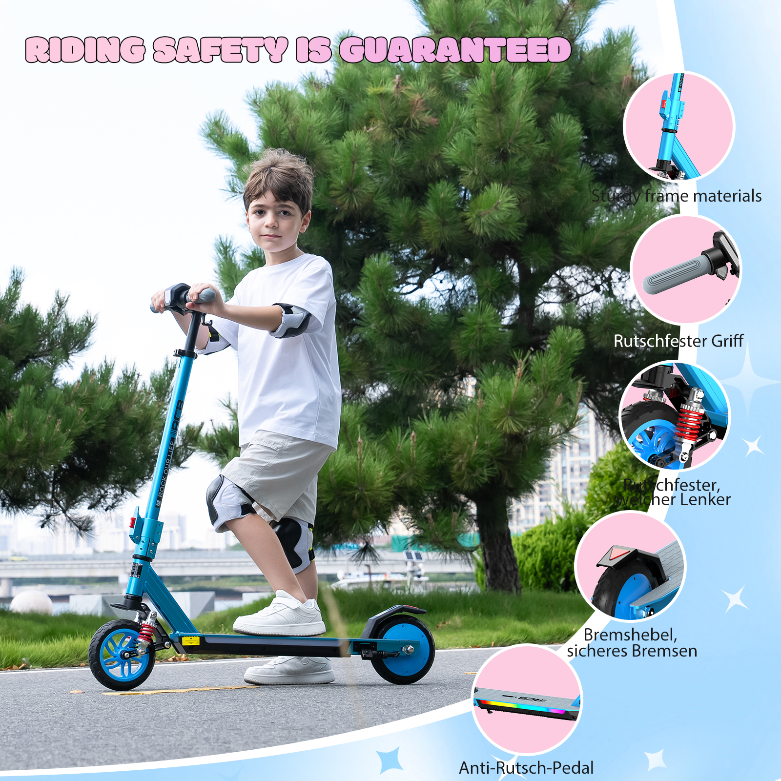 Ein Junge fährt einen blauen Roller. Der Text "RIDING SAFETY IS GUARANTEED" steht oben.