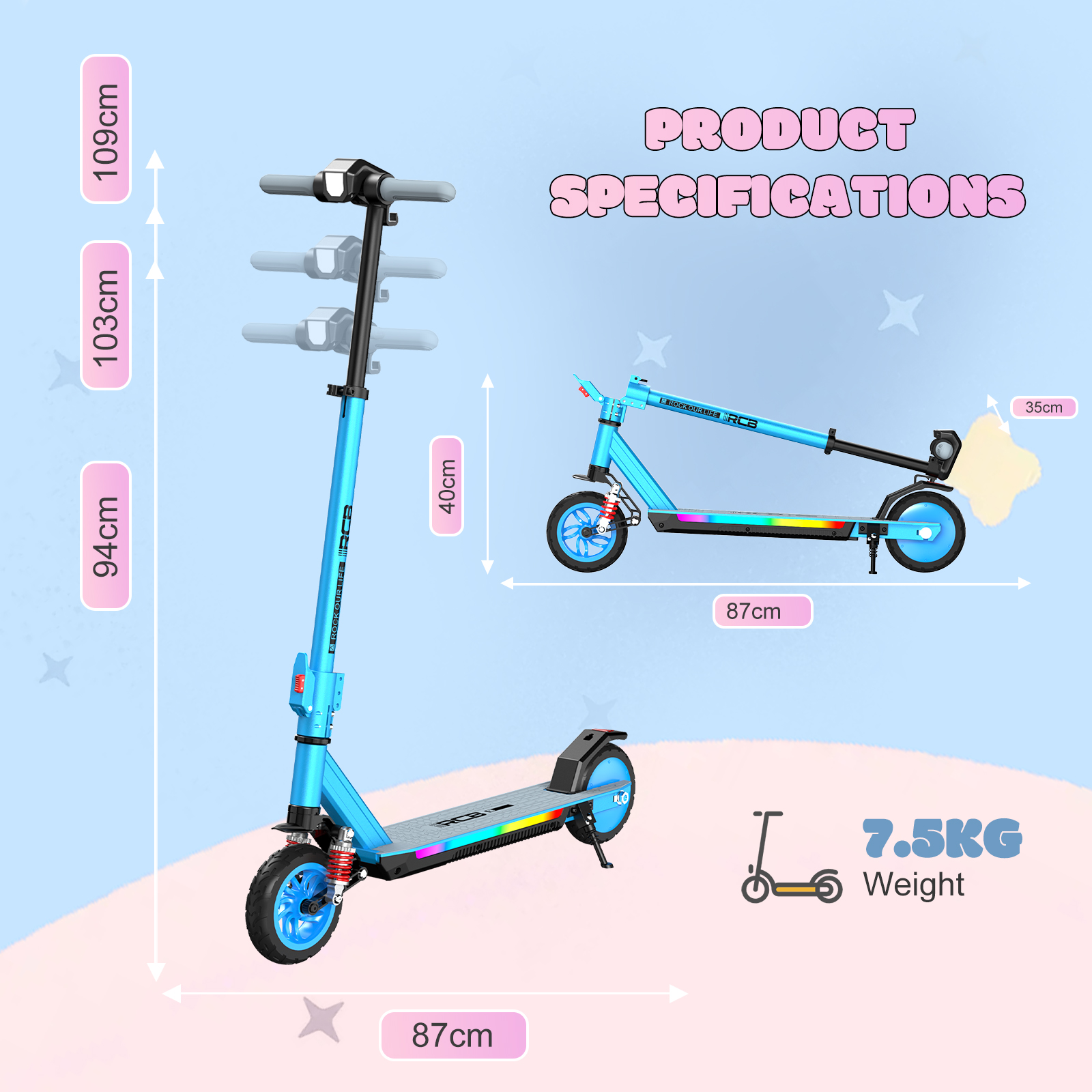 Ein blauer Roller mit schwarzen Akzenten. Abmessungen: Höhe 109 cm, 103 cm und 94 cm. Gewicht: 7,5 kg.