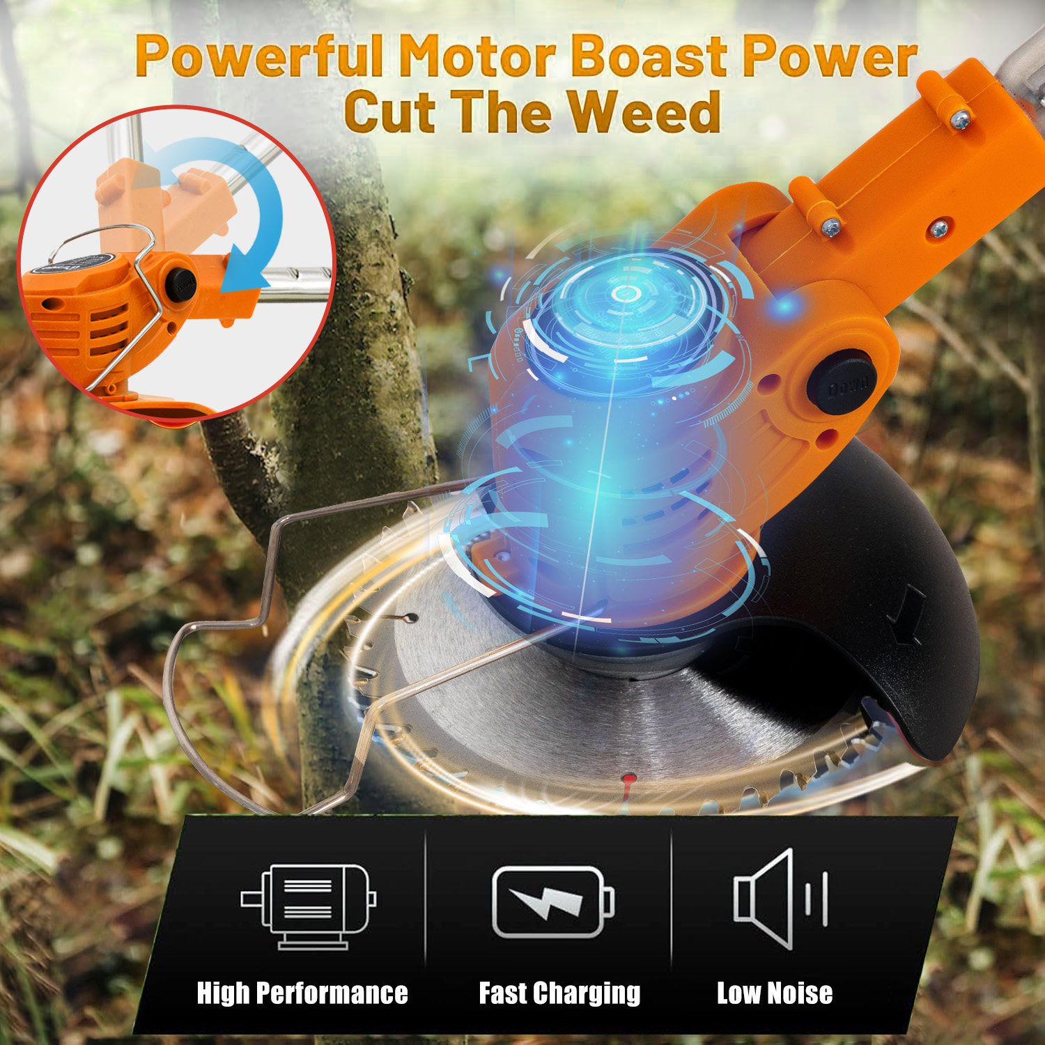 Pomarańczowa kosa z okrągłym ostrzem tnie chwasty. Obraz pokazuje wysoką wydajność, szybkie ładowanie i niski poziom hałasu.