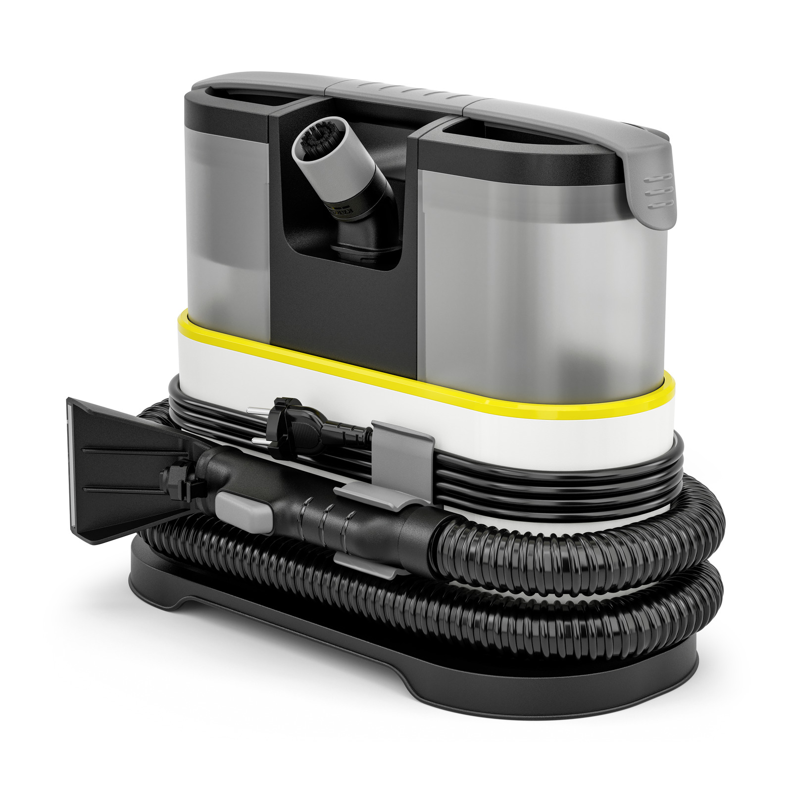 A handheld steam cleaner in white, black, and yellow. It has a hose, nozzle, and a handle. The background is white.