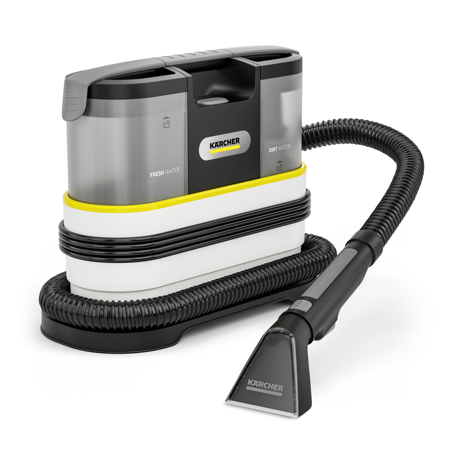 A Kärcher carpet cleaner is white, black, and yellow. It has a hose and a cleaning head. Fresh and dirty water tanks are visible.