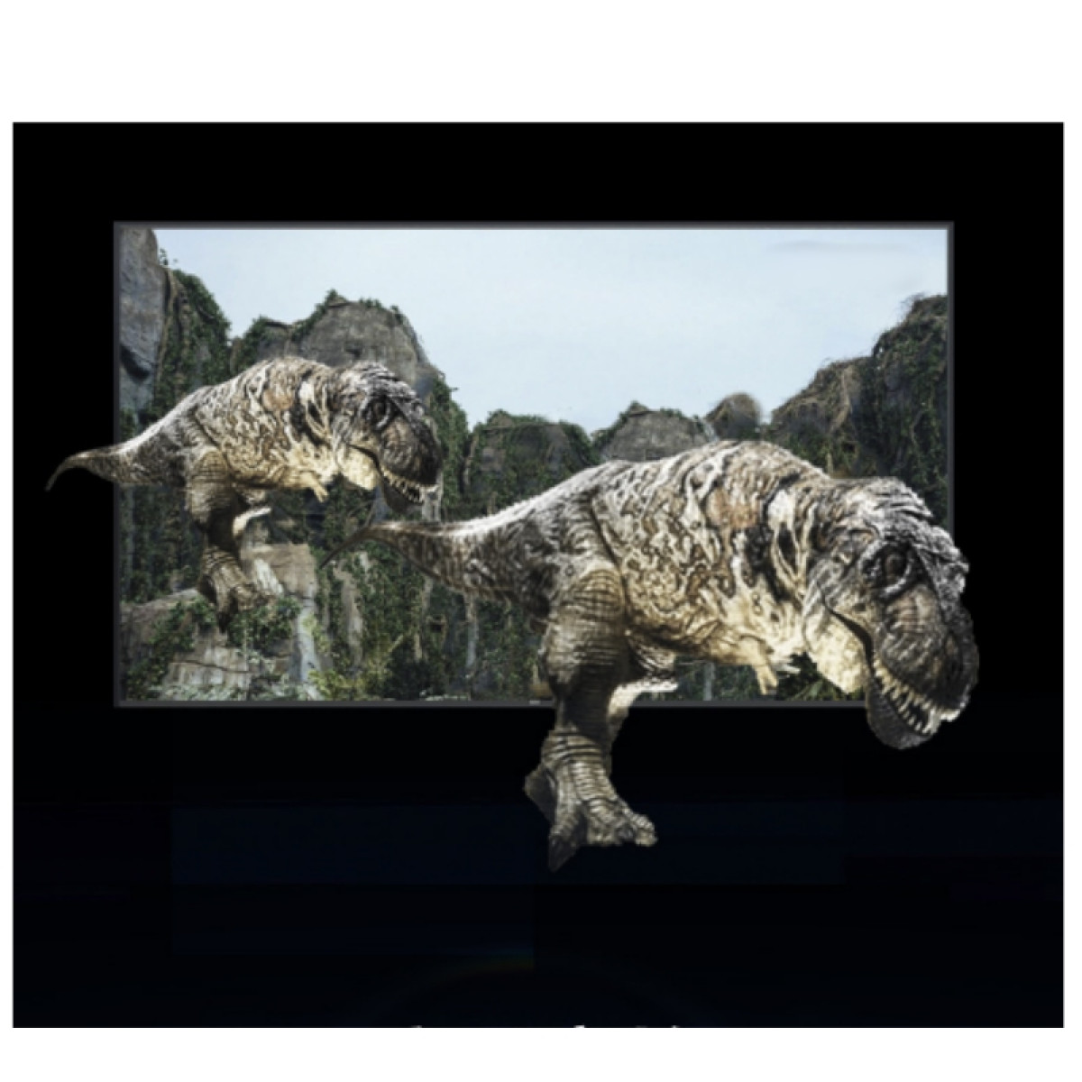 Two Tyrannosaurus Rex dinosaurs emerge from a screen showing a jungle background. The foreground features the dinosaurs.