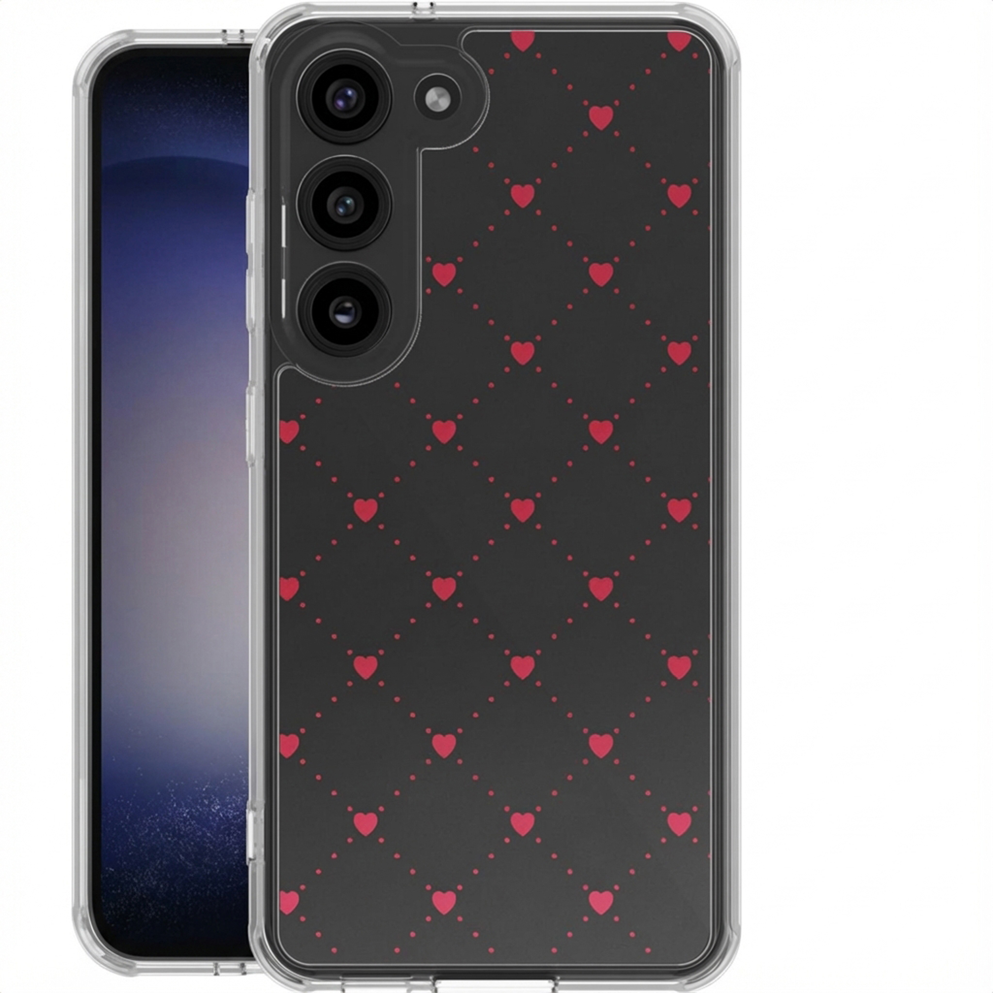 Un téléphone dans un étui avec un fond noir et des cœurs rouges. Le téléphone est dans un étui transparent.