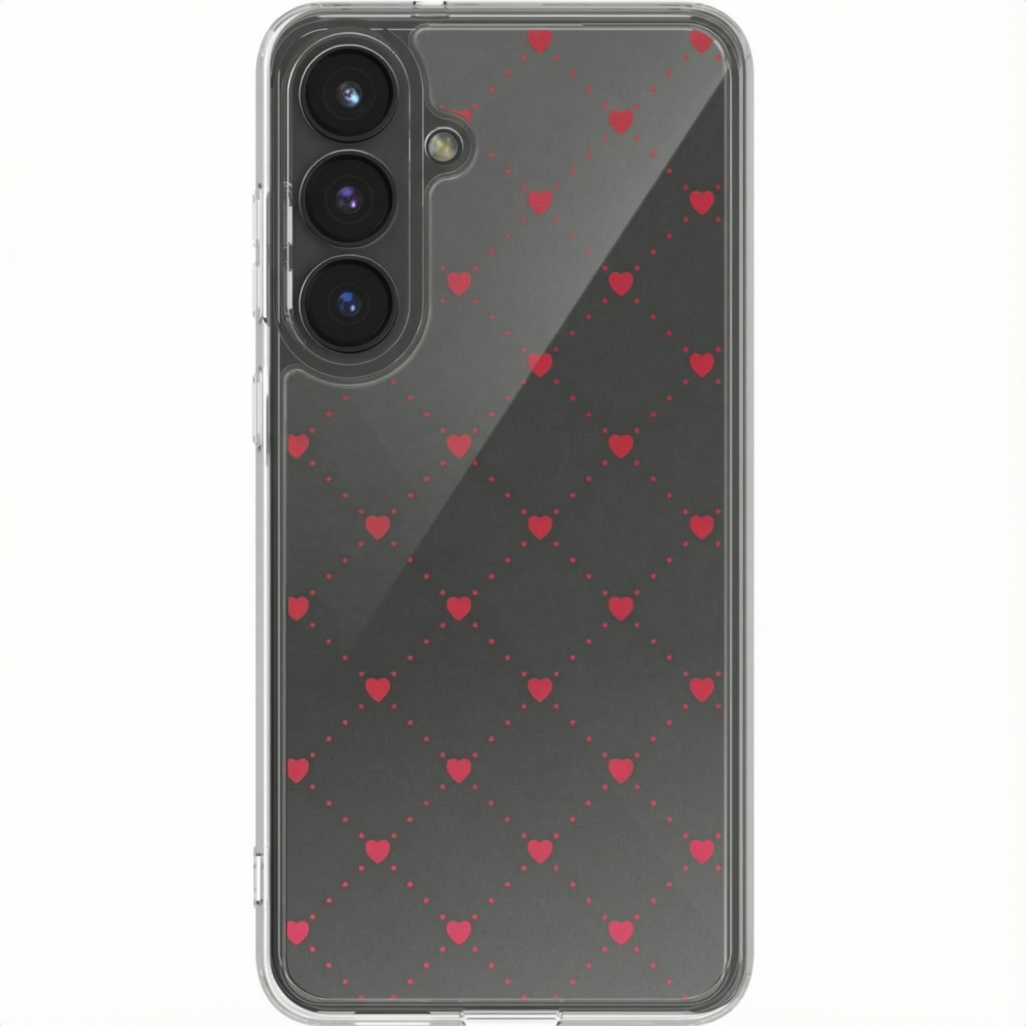 Een telefoonhoesje met een grijze achtergrond en een patroon van rode harten. De telefoon heeft drie cameralenzen.