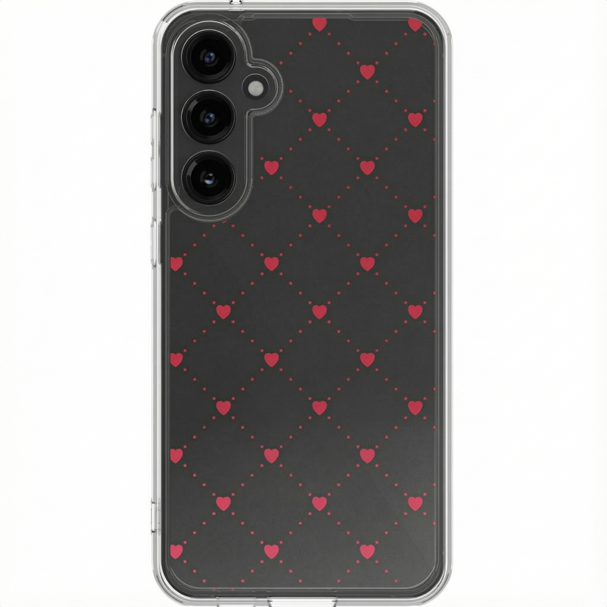 Een telefoonhoesje met een zwarte achtergrond, rode harten en een transparante rand. De camera's van de telefoon zijn zichtbaar.