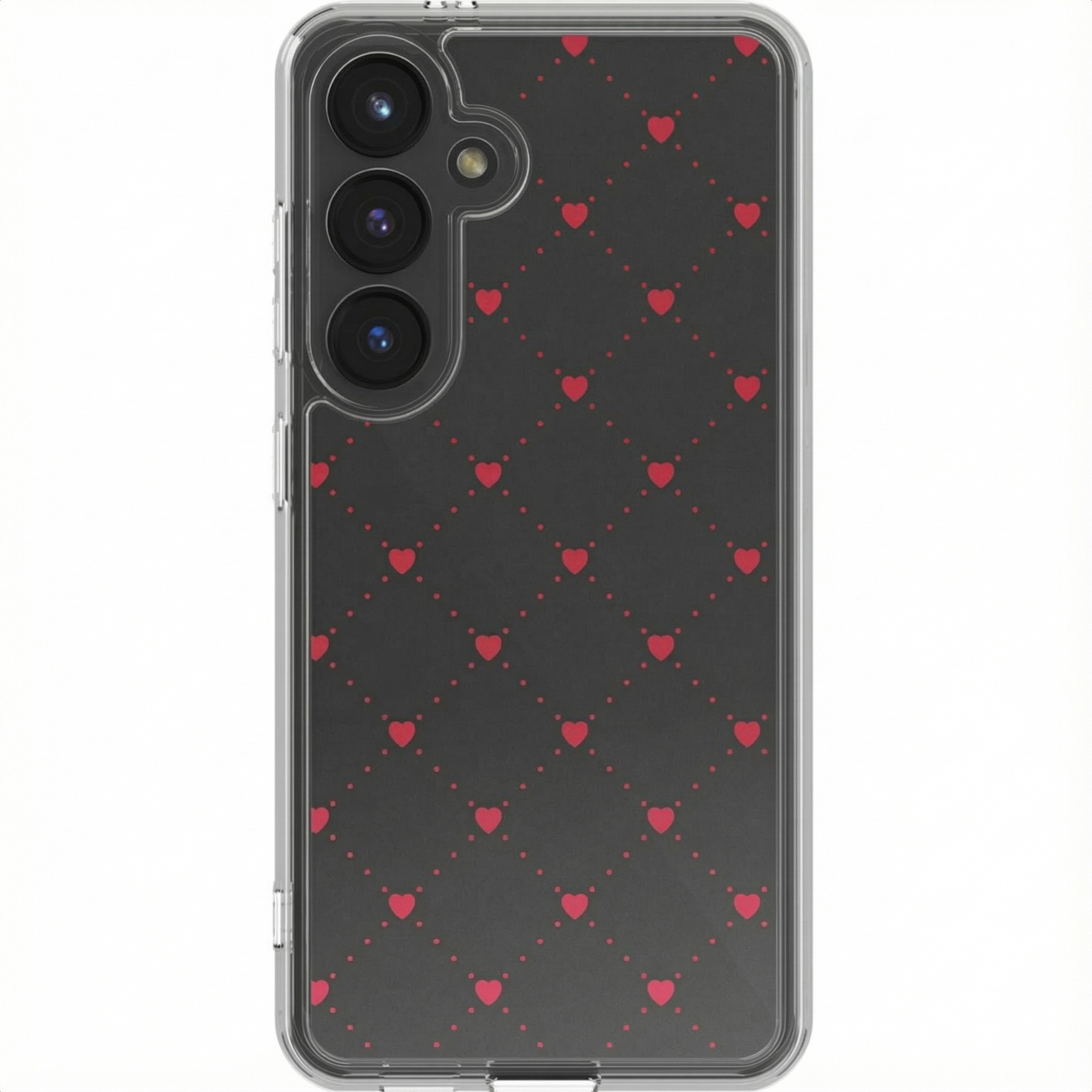 Telefoonhoesje met rood hartpatroon op zwarte achtergrond.