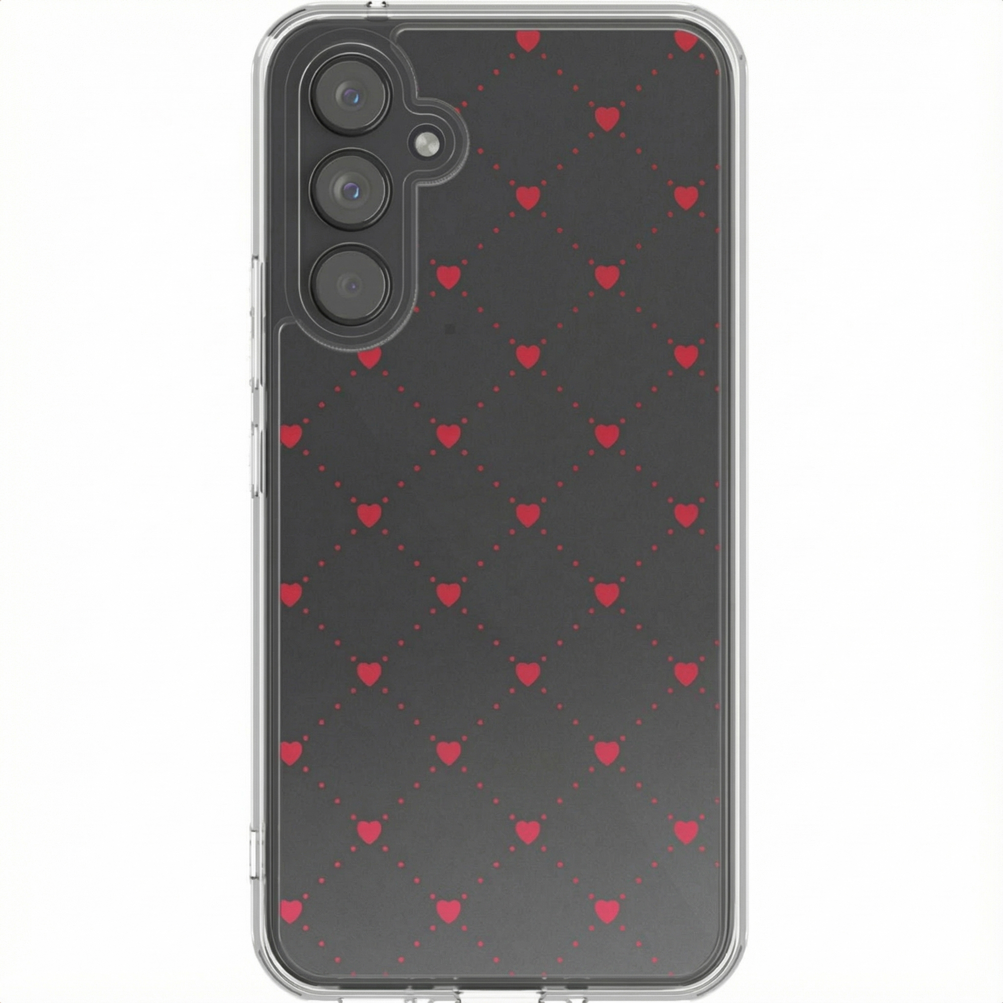 Une coque de téléphone avec un fond noir et un motif de petits coeurs rouges.