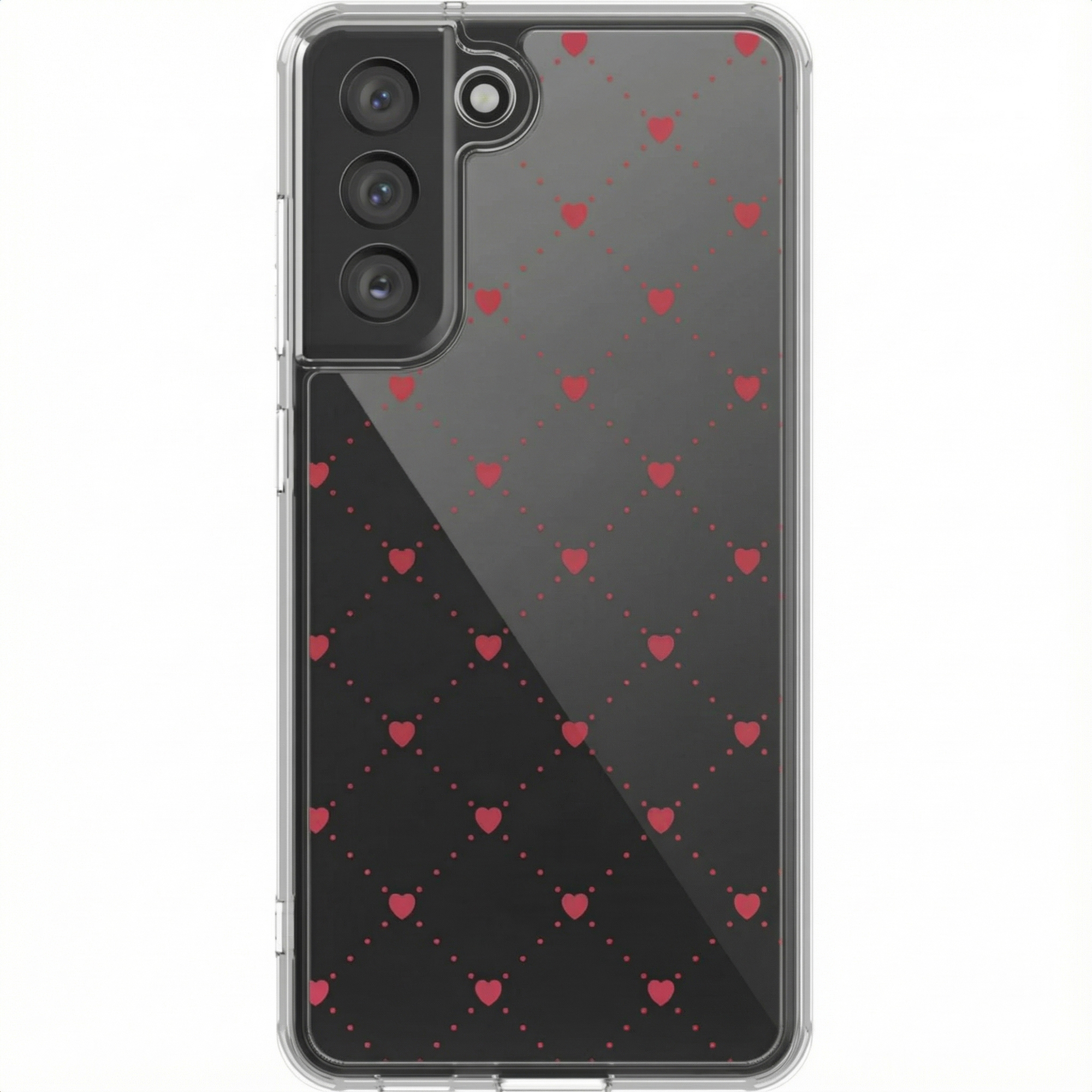 Een telefoon met een doorzichtige hoes. Het heeft een patroon van rode harten op een zwart en helder verloop.