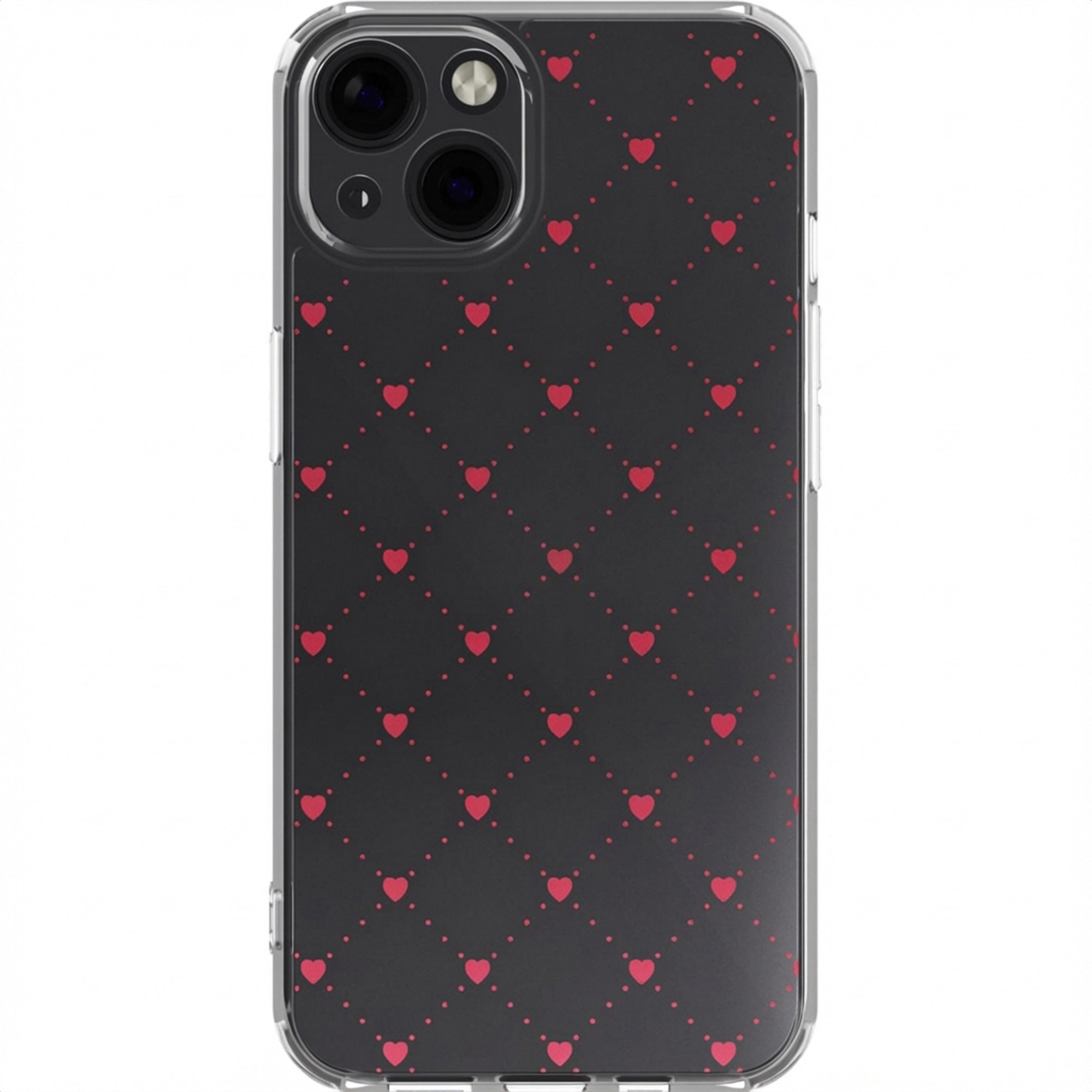 Een telefoonhoesje met een zwarte achtergrond en een patroon van rode harten in een raster.