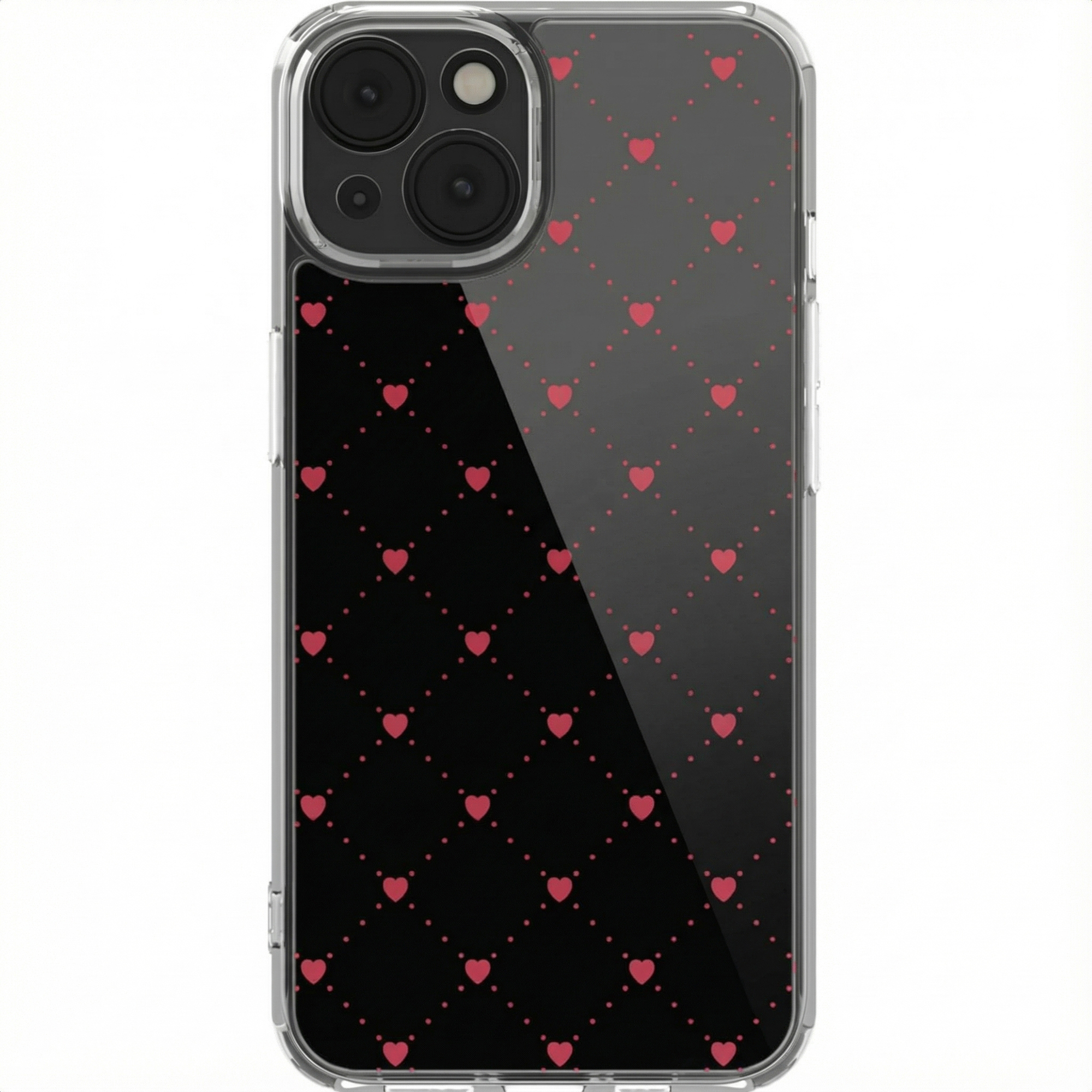 Telefoonhoesje met rood hartpatroon op zwarte en transparante achtergronden. De telefoon heeft een camerabult.