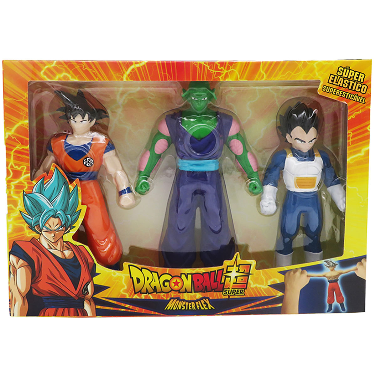 Set de juguetes de Dragon Ball Super. Tres figuras en una caja: Goku, Piccolo y Vegeta. Embalaje colorido con texto e imágenes.
