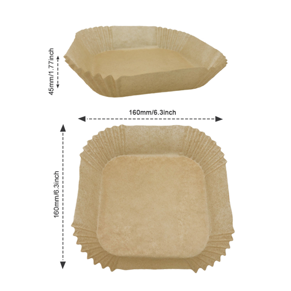 Two brown, paper baking cups. One from above, and one from the side. Dimensions shown in mm and inches.