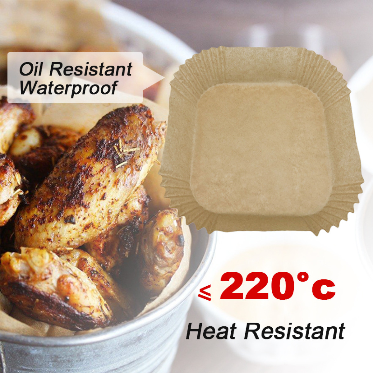 Image shows fried chicken wings and a brown paper baking cup with text 'Oil Resistant Waterproof' and 'Heat Resistant'.