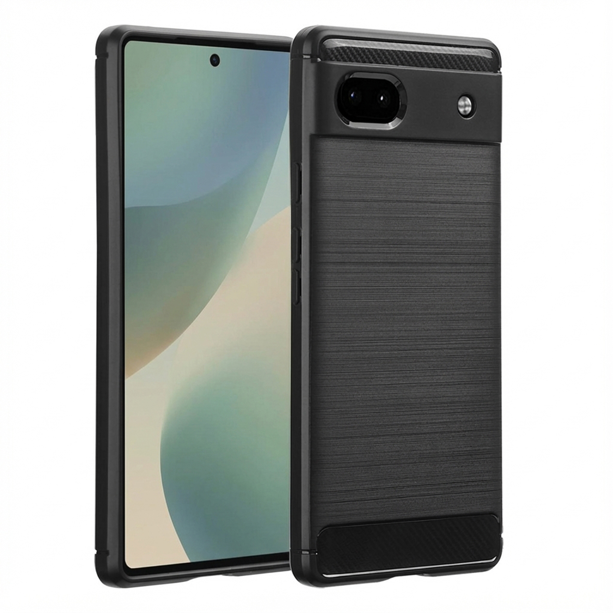 Due smartphone neri, uno con schermo, l'altro con retro testurizzato e fotocamera. Entrambi con custodie.