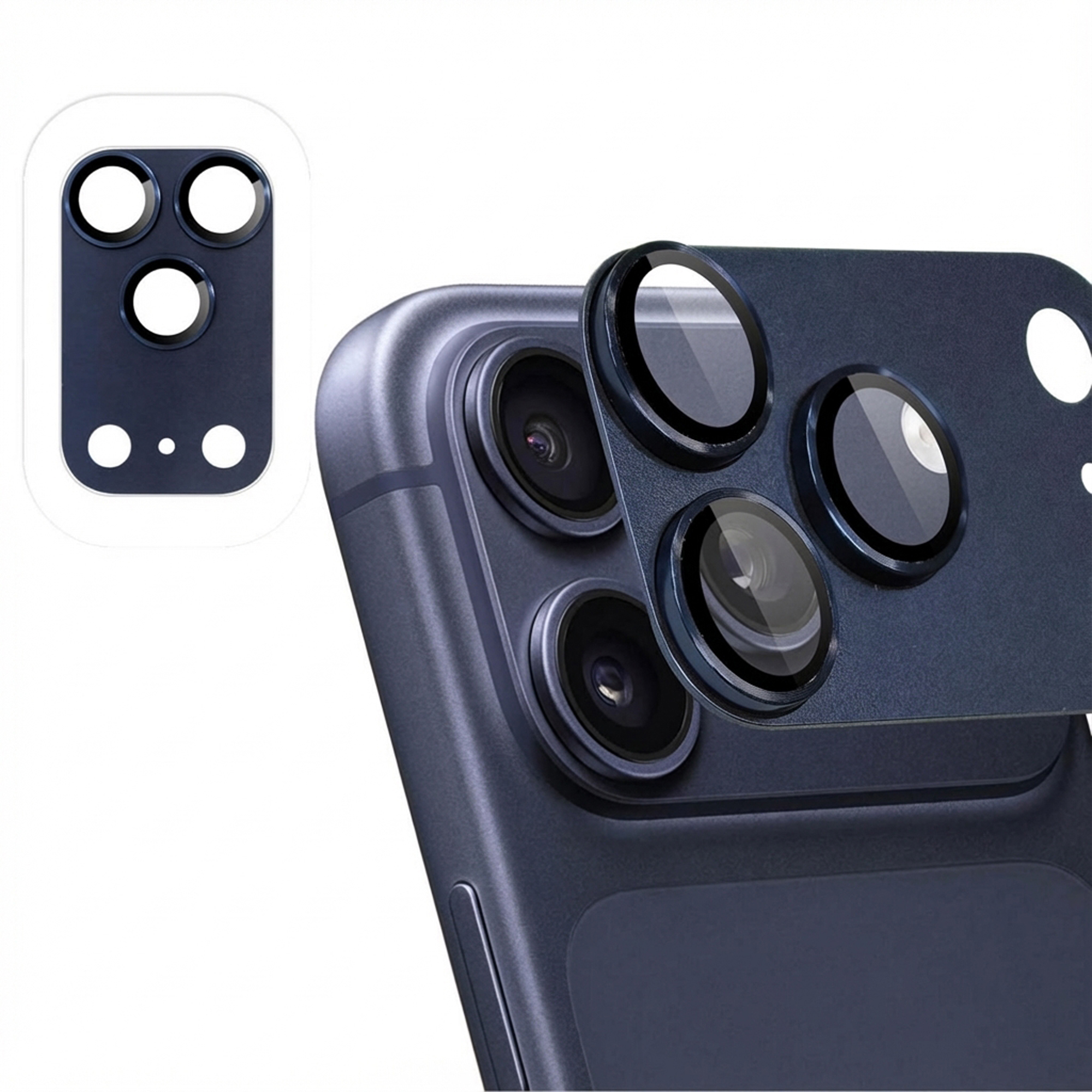 Een telefoon met een beschermhoes over de cameralenzen. De hoes is donkerblauw en de lenzen zijn zwart.