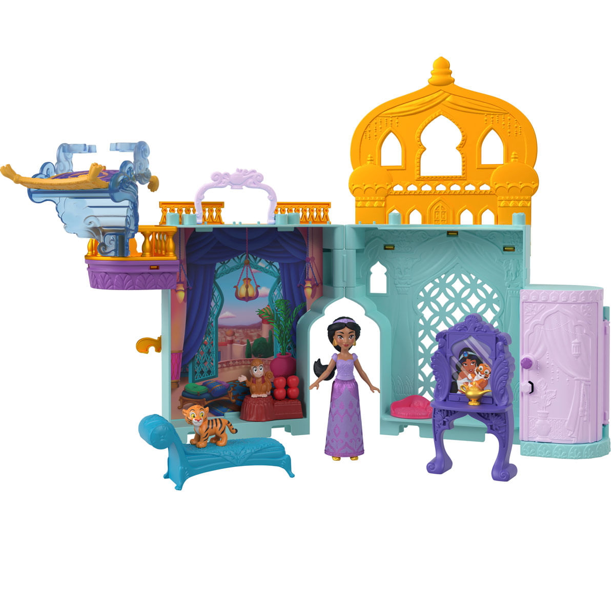 Zestaw zabawek przedstawiający pałac z Jaśminą i figurkami zwierząt. Zestaw zawiera lustro, meble i latający dywan.