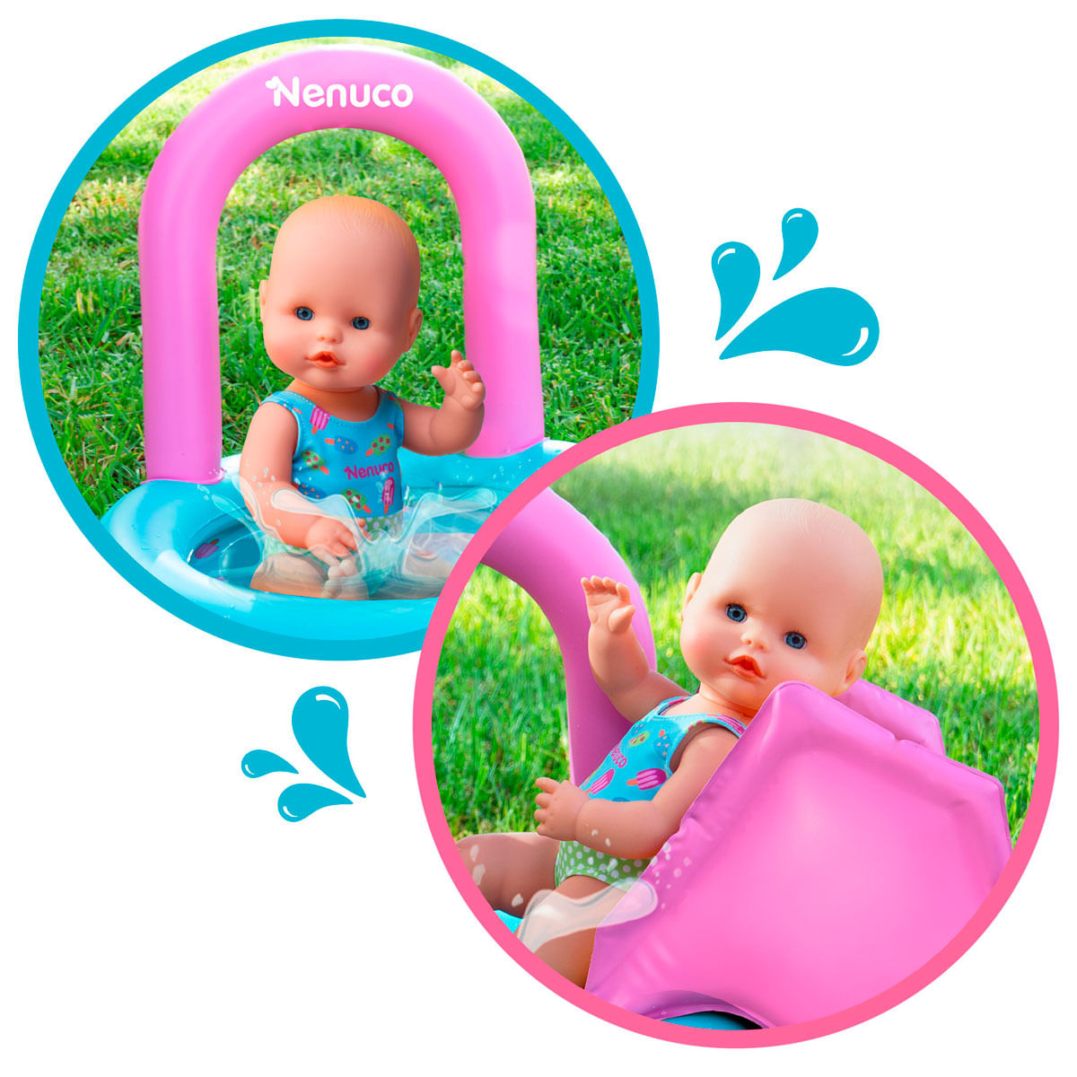 Dos imágenes de muñecas. Una en una piscina azul, la otra en un inflable rosa. Ambas muñecas tienen ojos azules y llevan trajes de baño. Salpicaduras de agua.