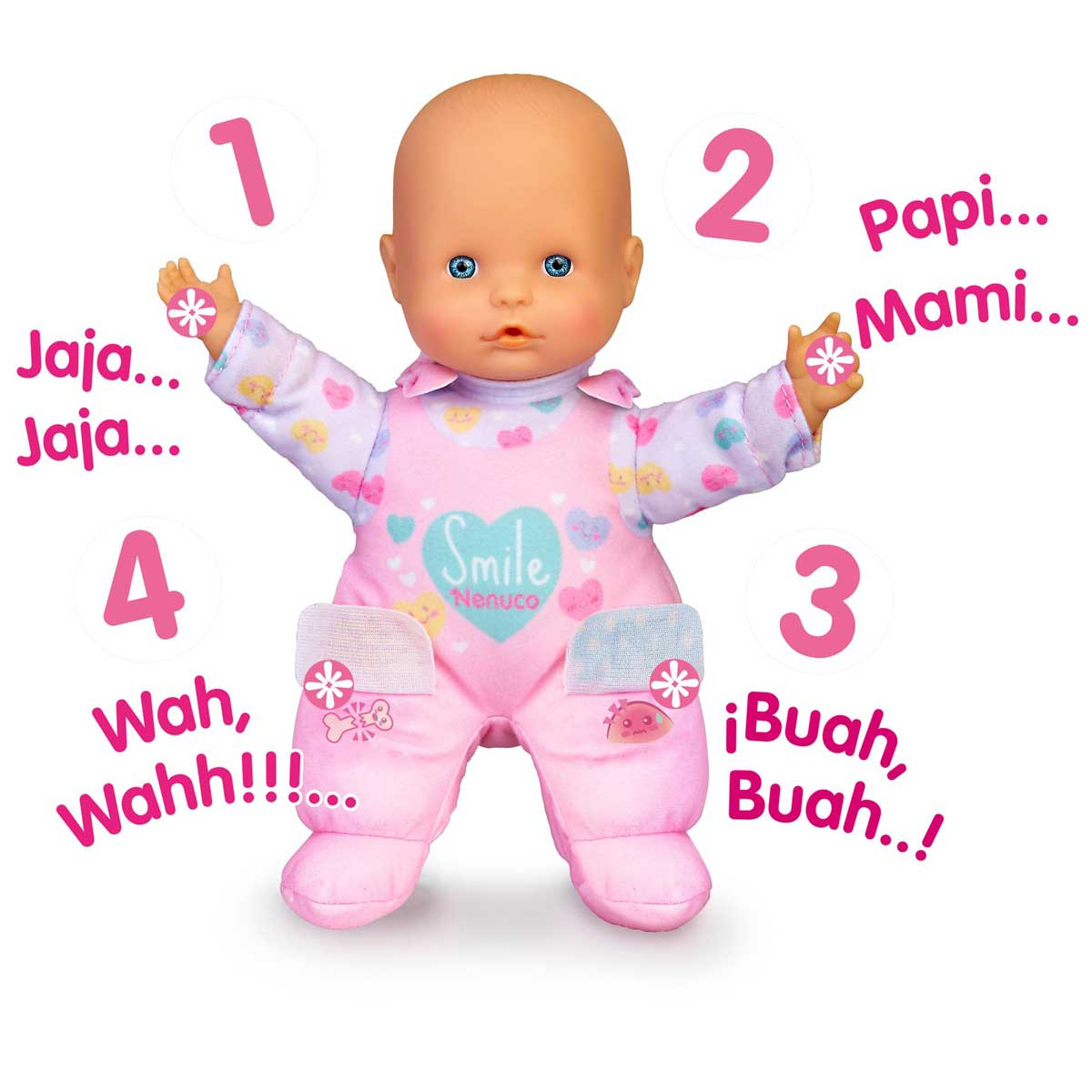 Una muñeca con ojos azules, con pijama rosa. Burbujas de texto indican sonidos como 'Jaja', 'Wah' y 'Buah'. Están presentes los números 1-4.