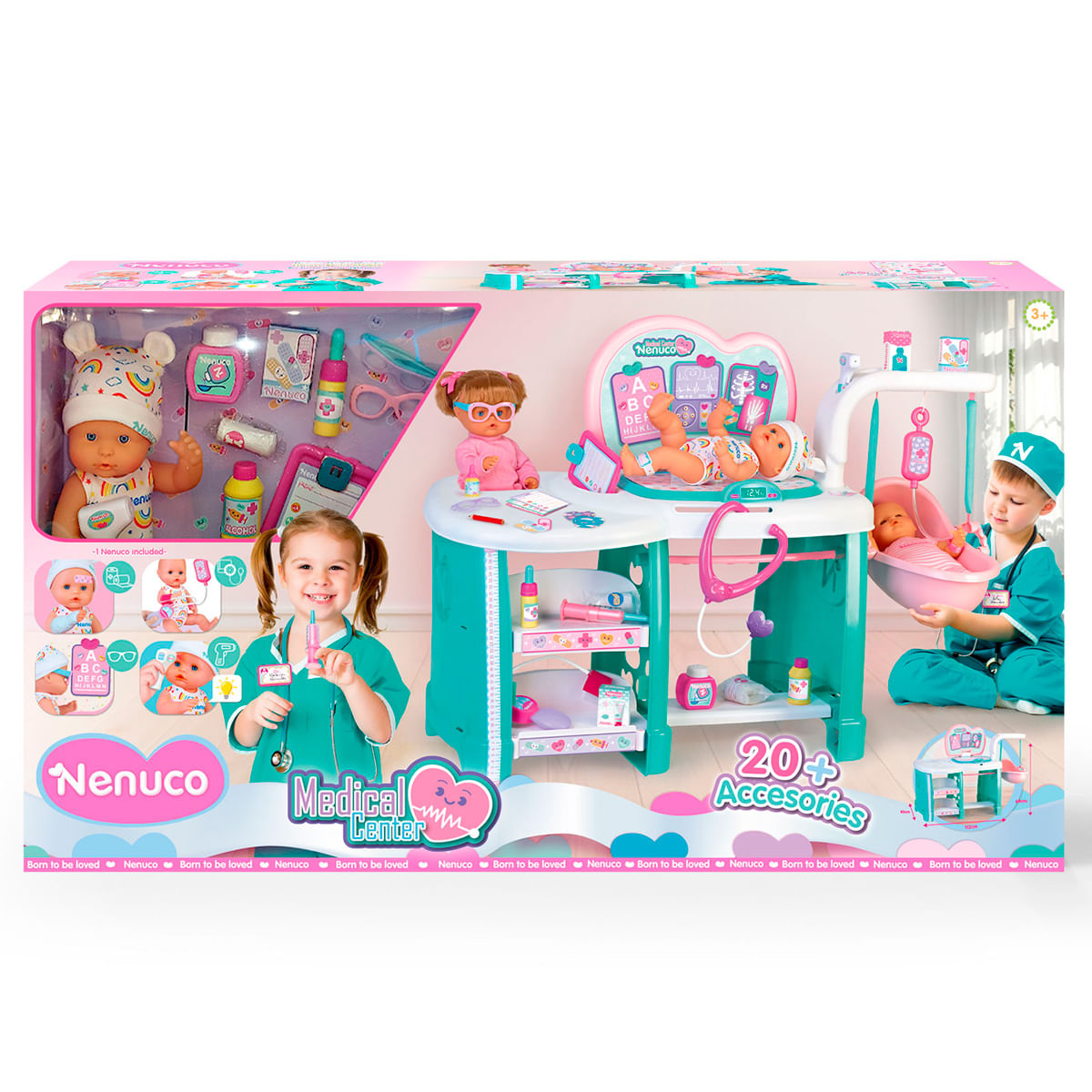 Un juego de Nenuco Medical Center con muñecas, herramientas médicas y accesorios. Una niña y un niño juegan con el set.