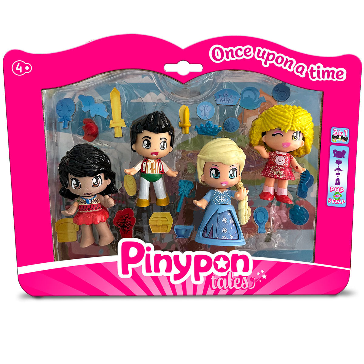Un juego de juguetes Pinypon Tales. Tiene cuatro muñecas y accesorios en un paquete rosa. Las muñecas incluyen una princesa y un príncipe.