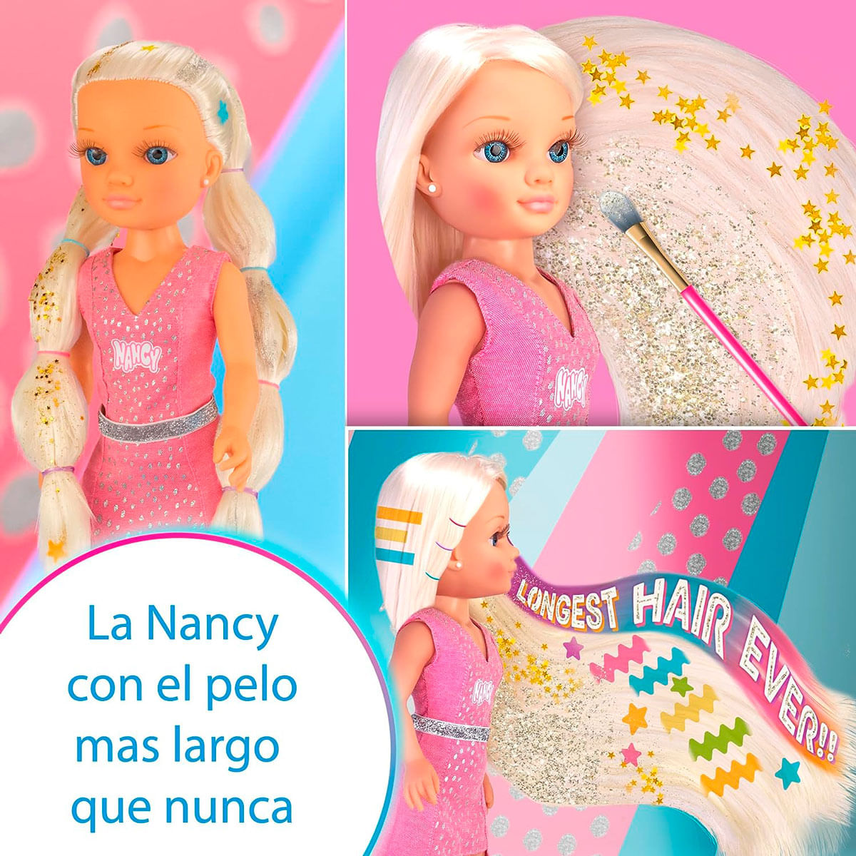 Una muñeca Nancy con largo pelo rubio, vestida con un vestido rosa. La imagen promociona el pelo largo de la muñeca con brillo y estrellas.
