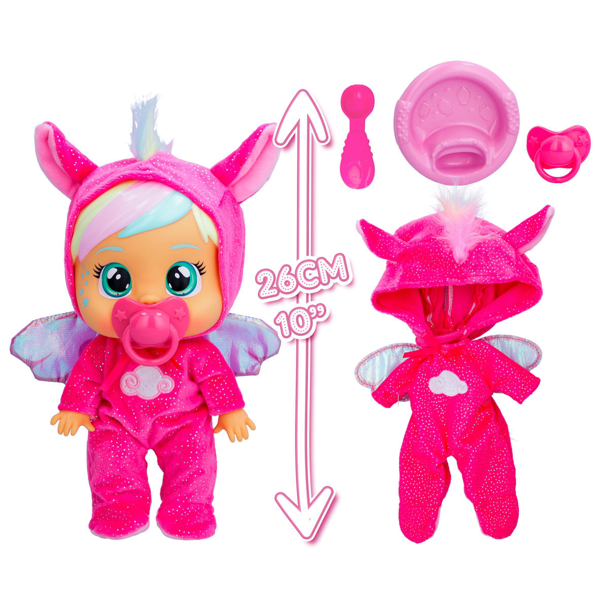 Una muñeca rosa con un disfraz de unicornio, chupete y accesorios. La muñeca mide 26 cm de altura.