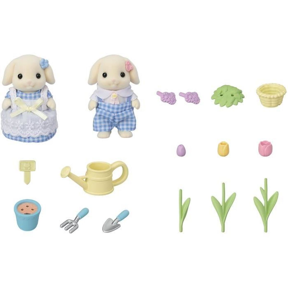 Dos figuras de conejitos con trajes azules, herramientas de jardinería, flores y una regadera. Un juego de jardinería para niños.