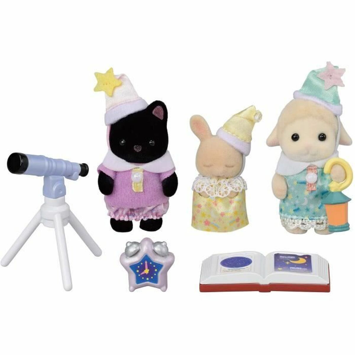 Figuras de juguete: gato negro, conejo, oveja y otros con telescopio, reloj y libro, todos con gorros de dormir.
