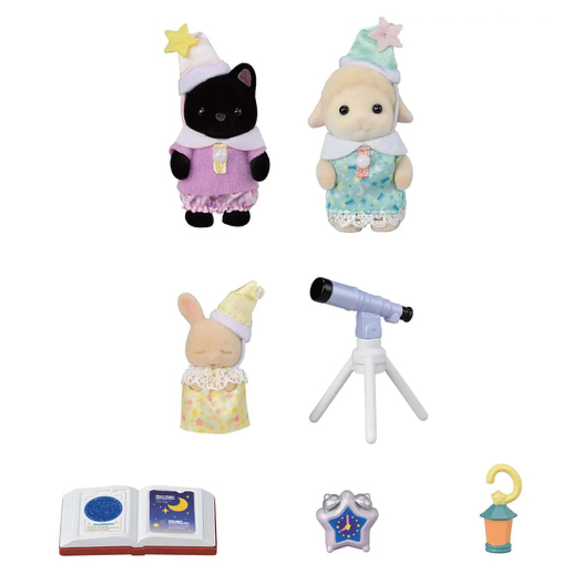 Figuras de juguete: gato negro, oveja, conejo, telescopio, libro, reloj y linterna. Todos llevan gorros de dormir. La escena está bien iluminada.