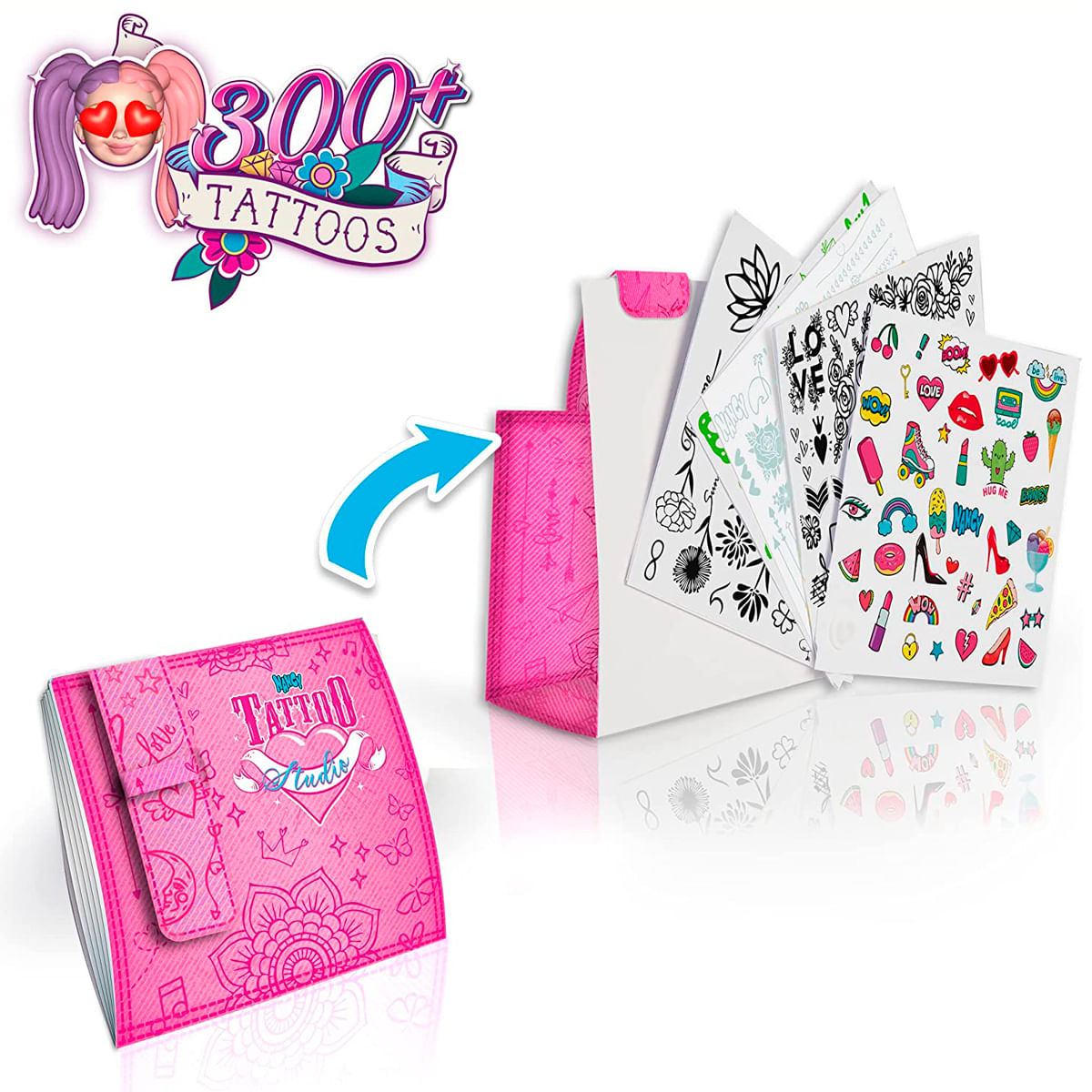 Set de estudio de tatuajes rosa con más de 300 tatuajes. Incluye hojas de pegatinas con varios diseños, una funda rosa y un emoji.