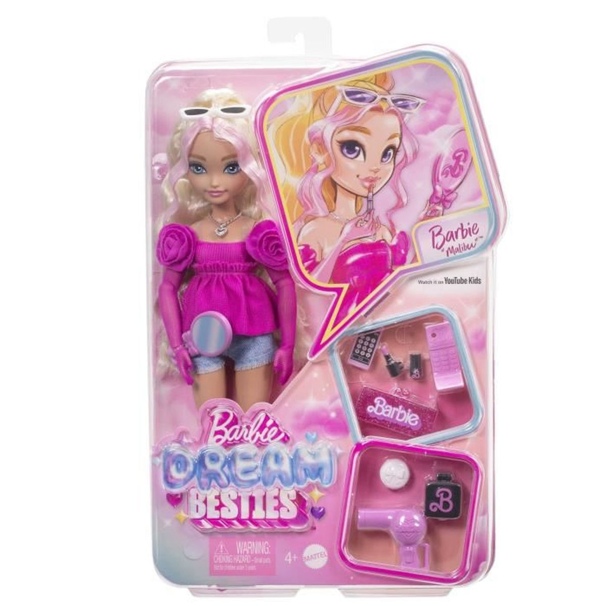 Lalka Barbie Dream Besties w opakowaniu. Barbie w różowym stroju, trzymająca lusterko. Akcesoria: torebka, telefon i suszarka do włosów.
