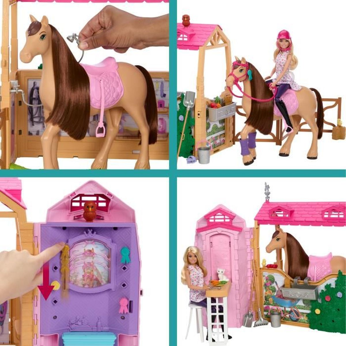 Zestaw do zabawy ze stajnią dla koni Barbie. Zawiera brązowego konia, lalkę Barbie, stajnię i akcesoria.