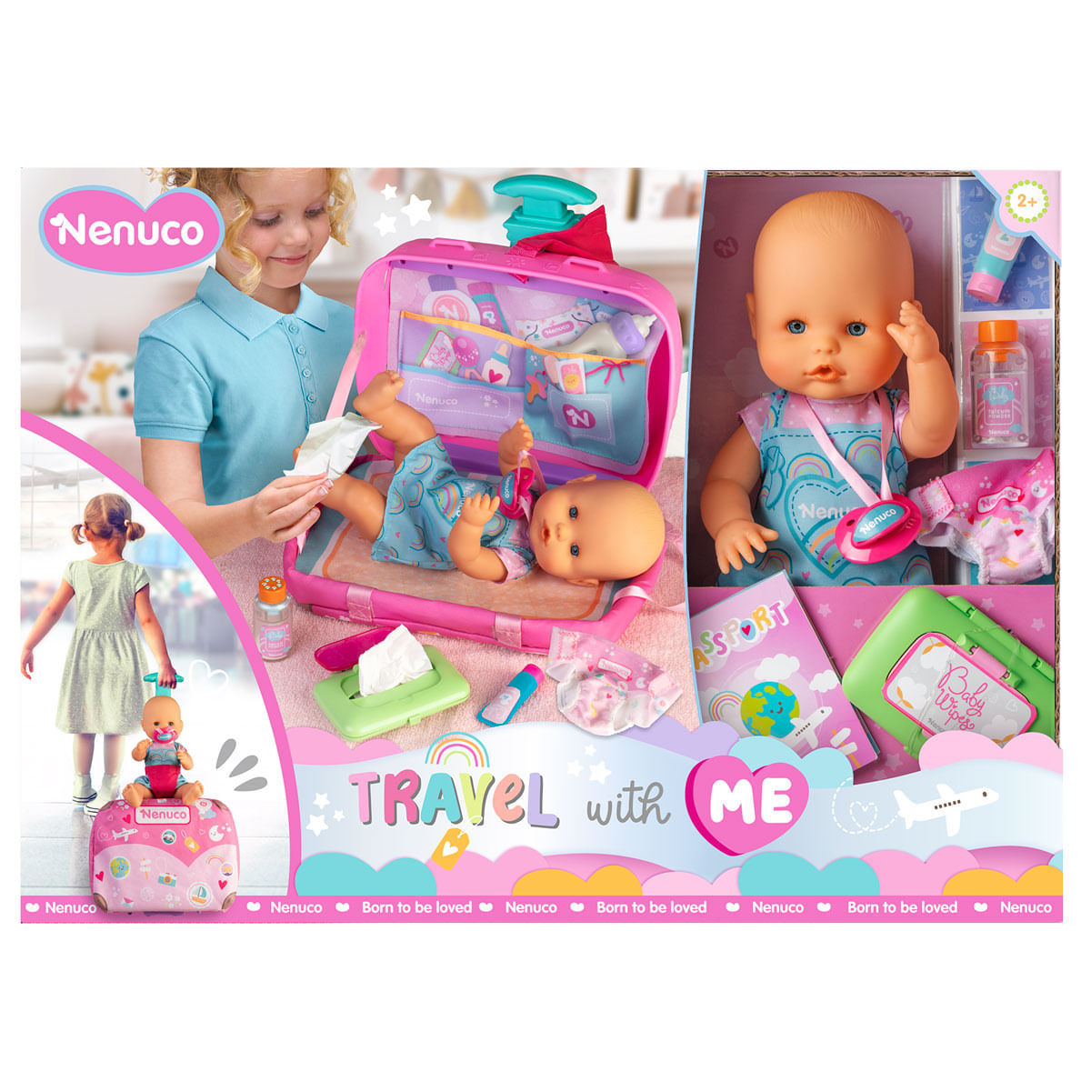 Un set de muñeca Nenuco, que incluye una muñeca, una maleta y accesorios. Un niño interactúa con el set. El set es rosa y azul.