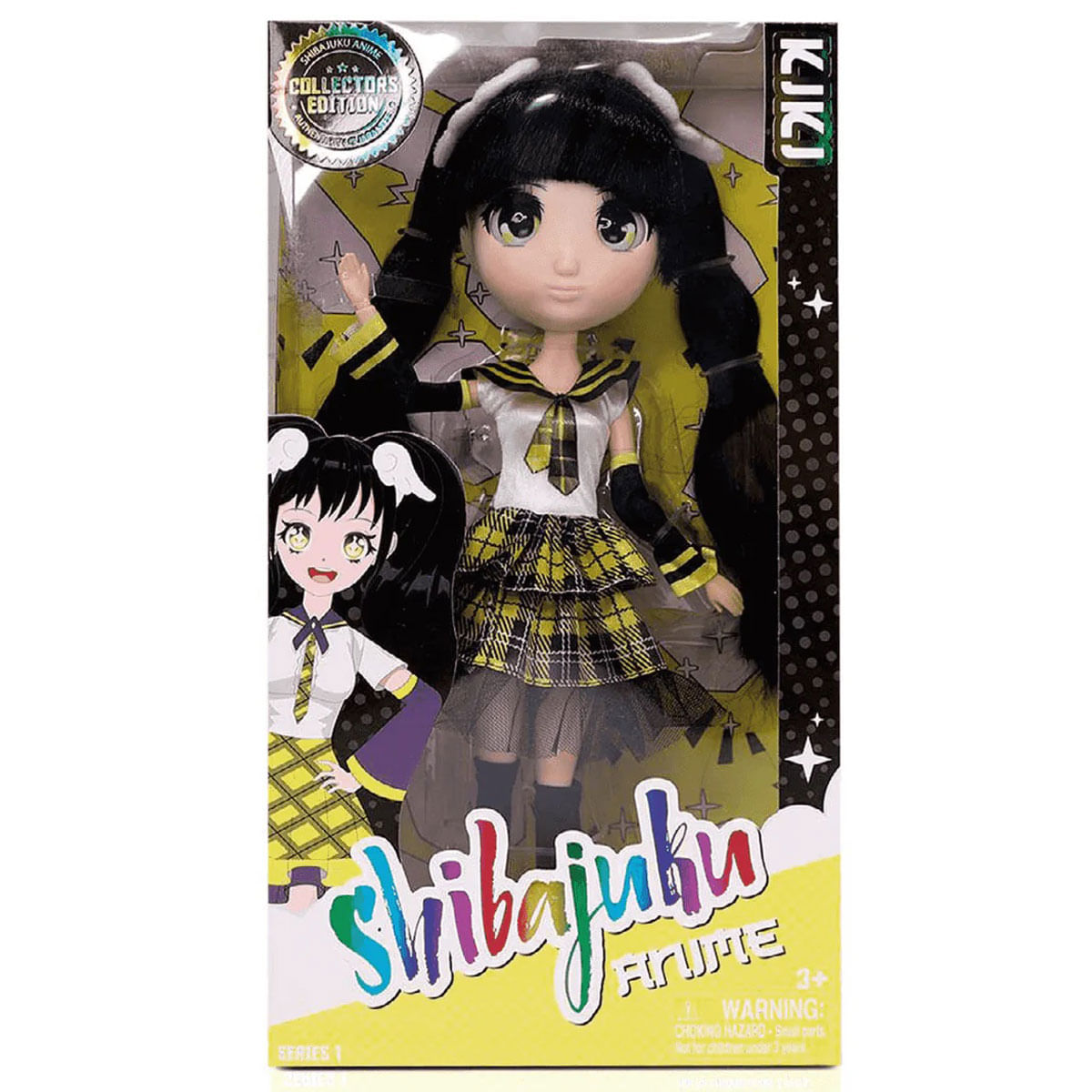 Una muñeca Shibajuku Anime en una caja. La muñeca tiene cabello negro, una falda a cuadros amarilla y negra y una camisa blanca. La caja es amarilla y negra.