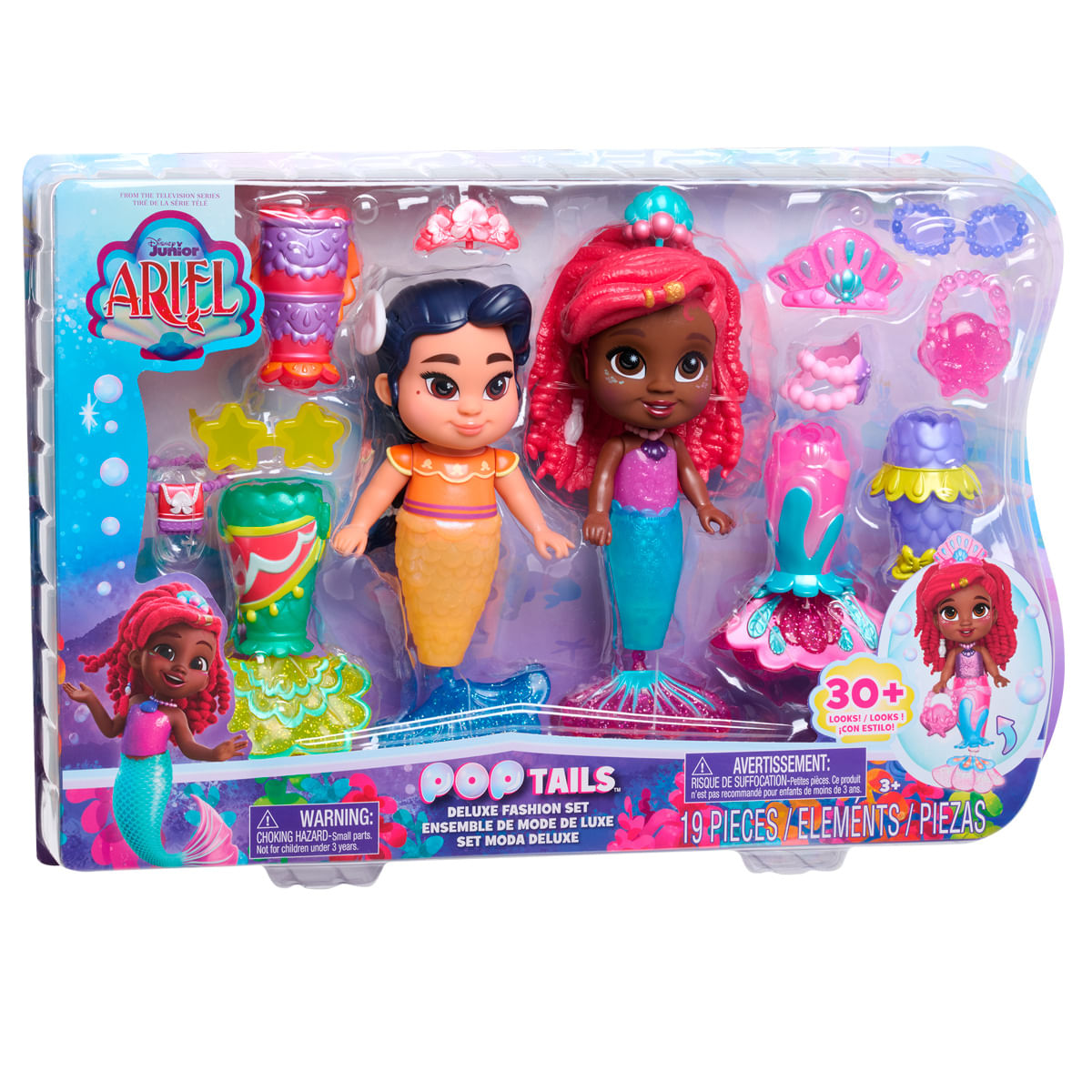 Juego de juguetes Ariel Pop Tails. Dos muñecas de sirena con accesorios en un paquete de plástico transparente.