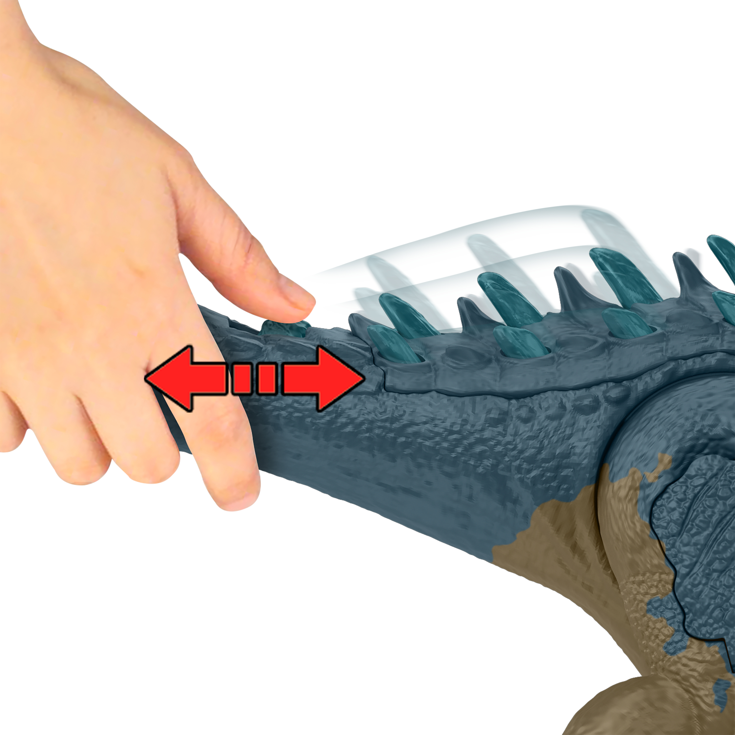 Una mano empuja la cola de un dinosaurio. Flechas rojas indican movimiento. La cola es azul y marrón.