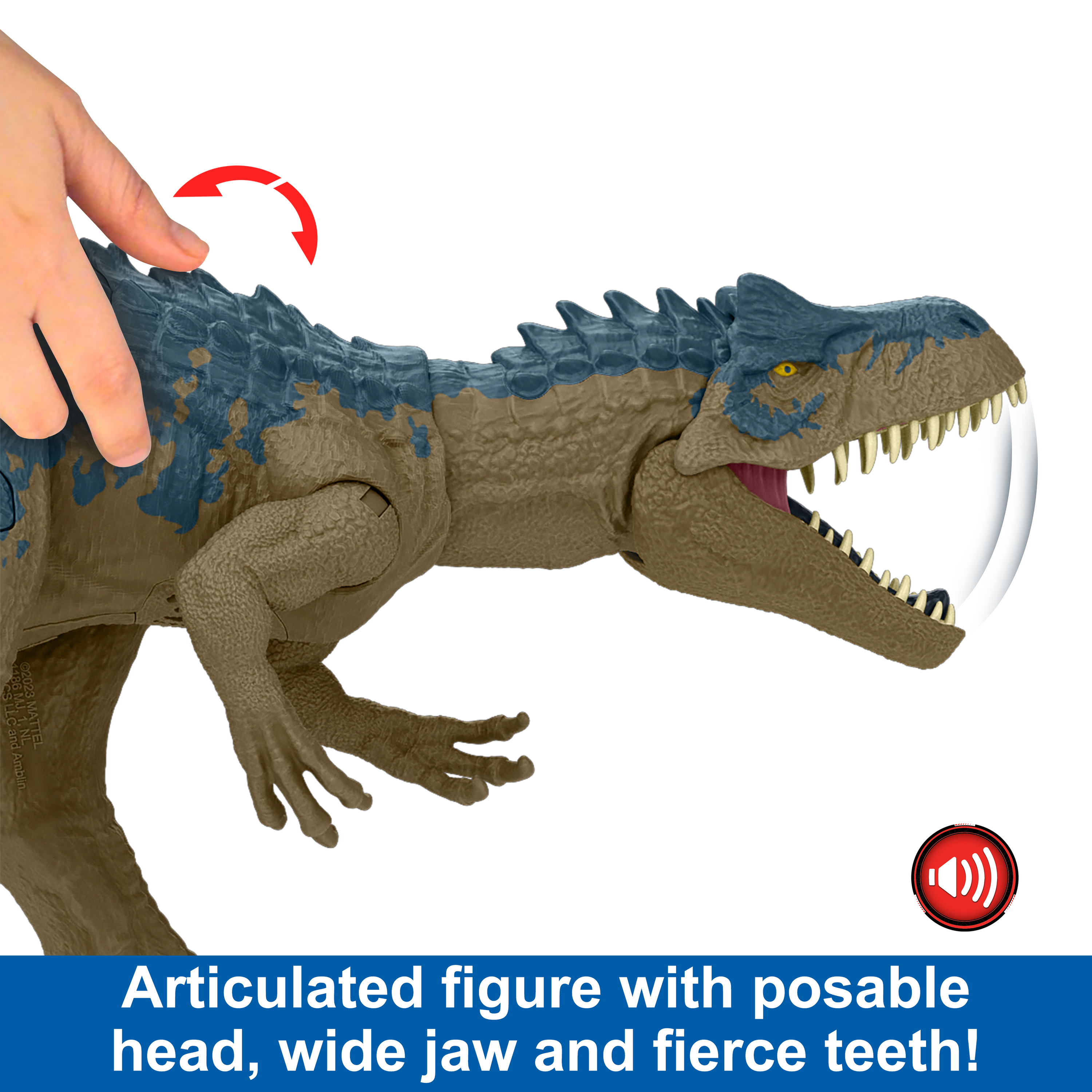 Se muestra un juguete de dinosaurio, con cabeza articulada, mandíbula ancha, dientes feroces y una mano tocándolo.