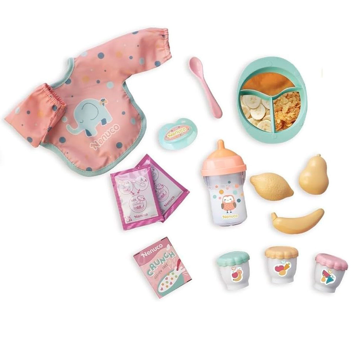 Juego de comida rosa para bebés con babero, cuchara, biberón, plato de comida, fruta y paquetes. Todo Nenuco.