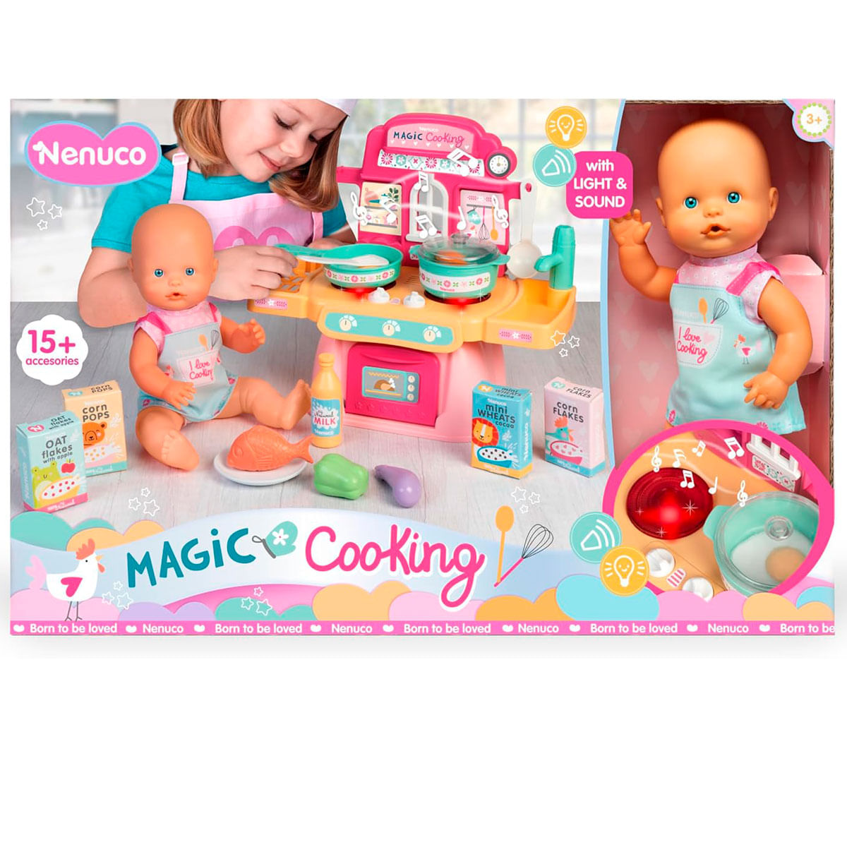 Una niña juega con un set Nenuco Magic Cooking, con muñecas, comida de juguete y una cocina con luz y sonido.