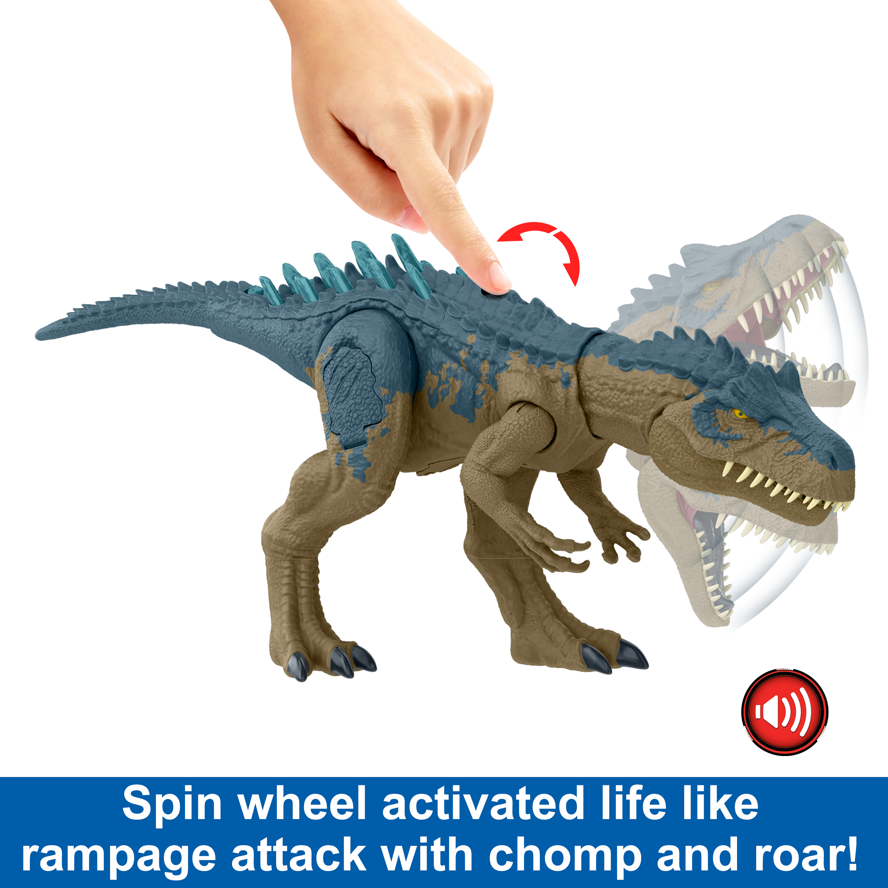 Se muestra un dinosaurio de juguete. Una mano presiona sobre su espalda. Una imagen fantasmal de su boca mordisqueando es visible.
