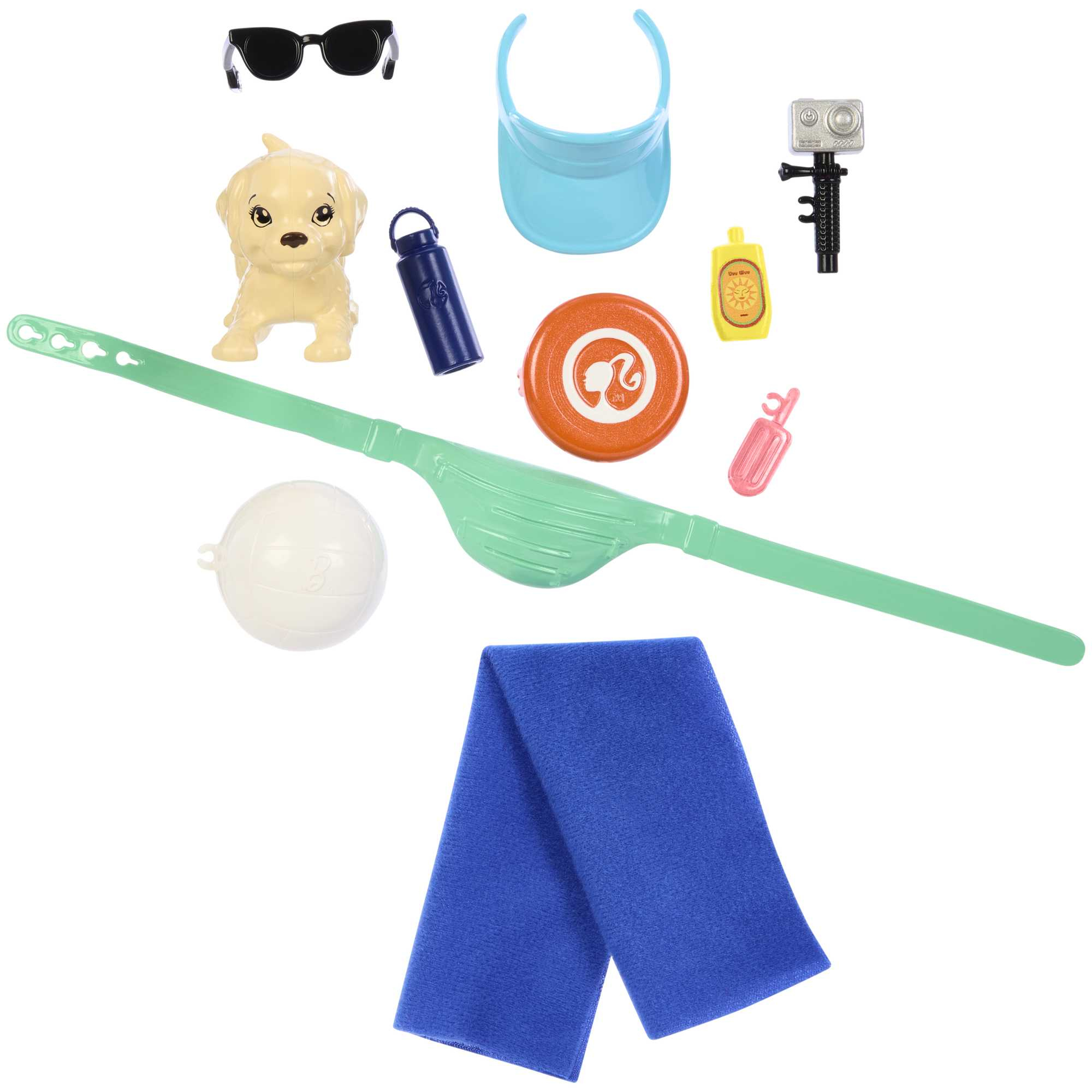 Różne zabawki o tematyce plażowej: okulary przeciwsłoneczne, figurka psa, daszek, aparat, krem ​​przeciwsłoneczny, frisbee, bransoletka, siatkówka, ręcznik i butelka na wodę.